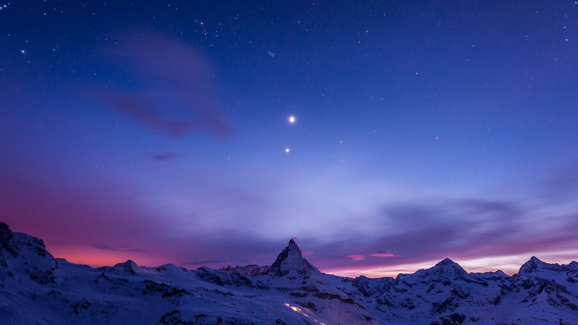 马特宏峰雪夜美景，黄昏天空下的自然风景壁纸，免费下载电脑桌面背景