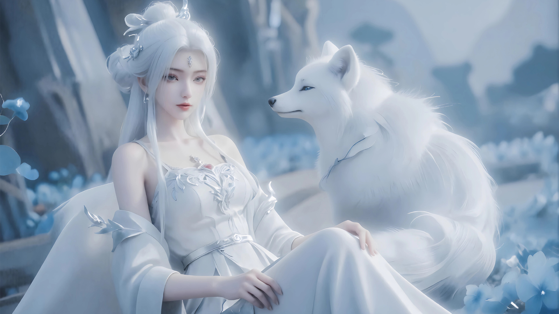 白发美女白狐唯美桌面壁纸