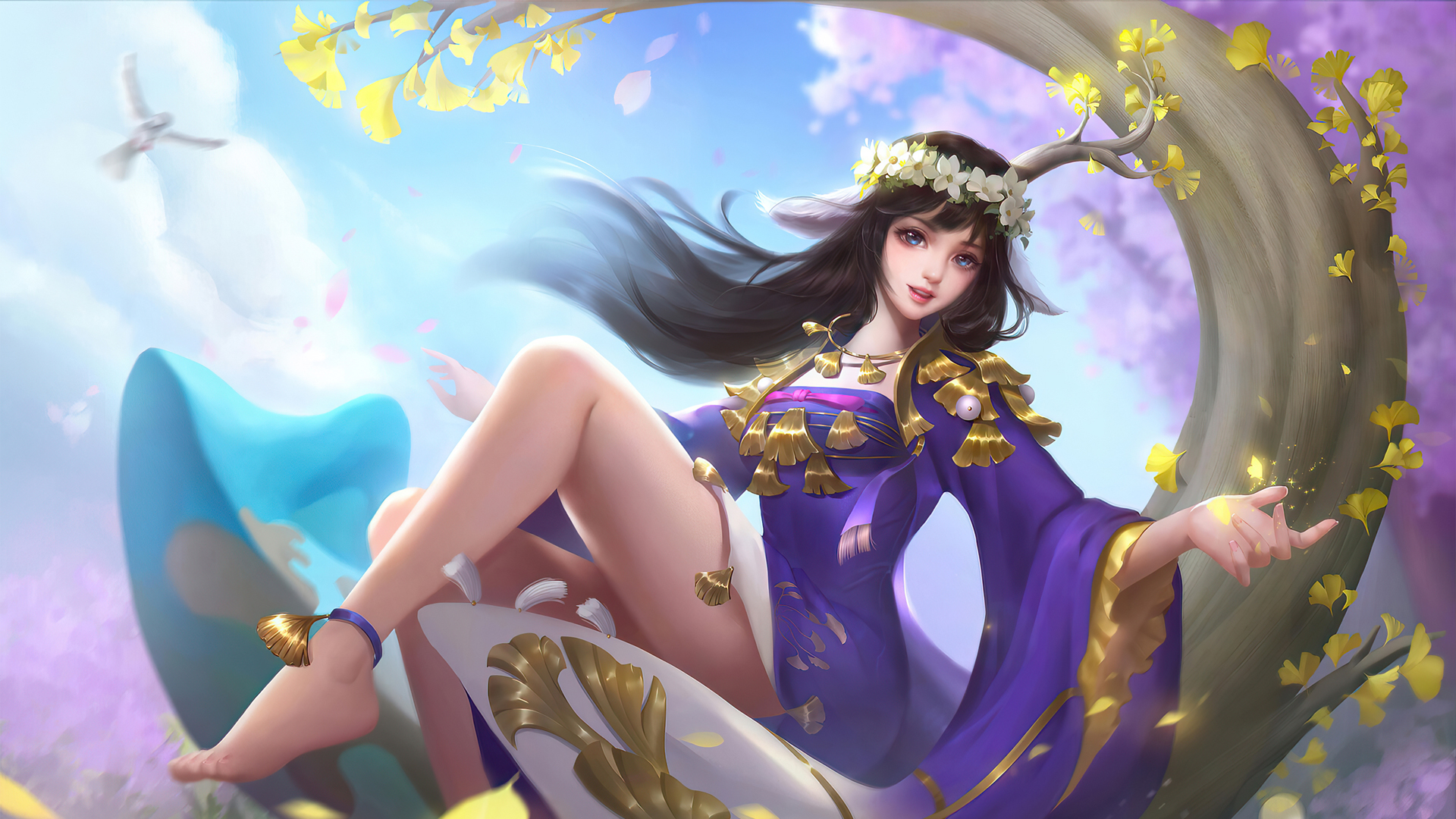 动漫壁纸精选，坐在树上的女孩，唯美花环点缀，免费下载美化你的电脑桌面