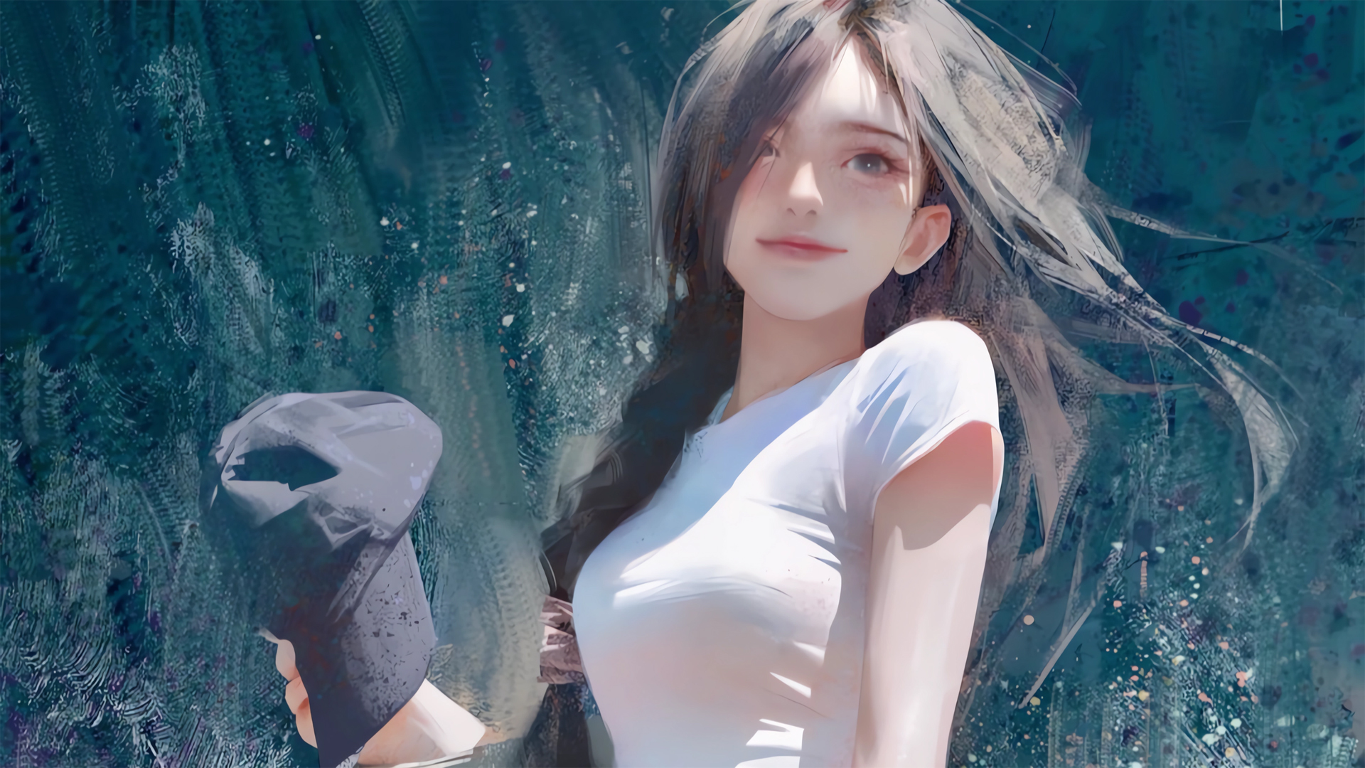 长发少女微笑动漫美女，白衣配帽，高清壁纸免费下载
