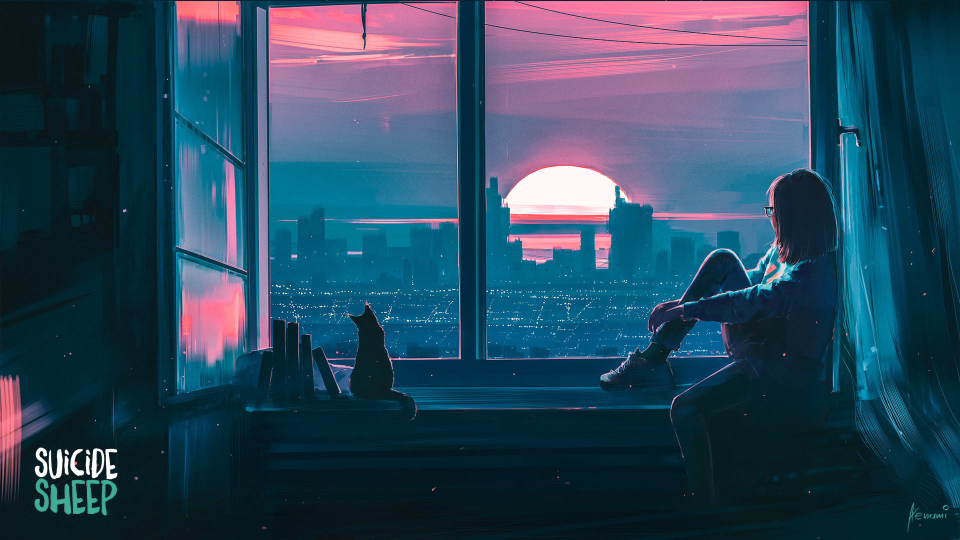 窗台日落美景，女孩与小猫的温馨时光，乌克兰画家Alena Aenami高清动漫壁纸免费下载