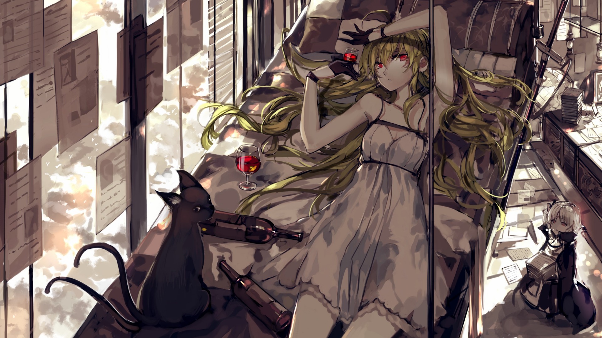 幻想曲之美，红眸长发少女，小裙轻扬，卧榻品酒，萌猫相伴，绝美动漫壁纸免费下载