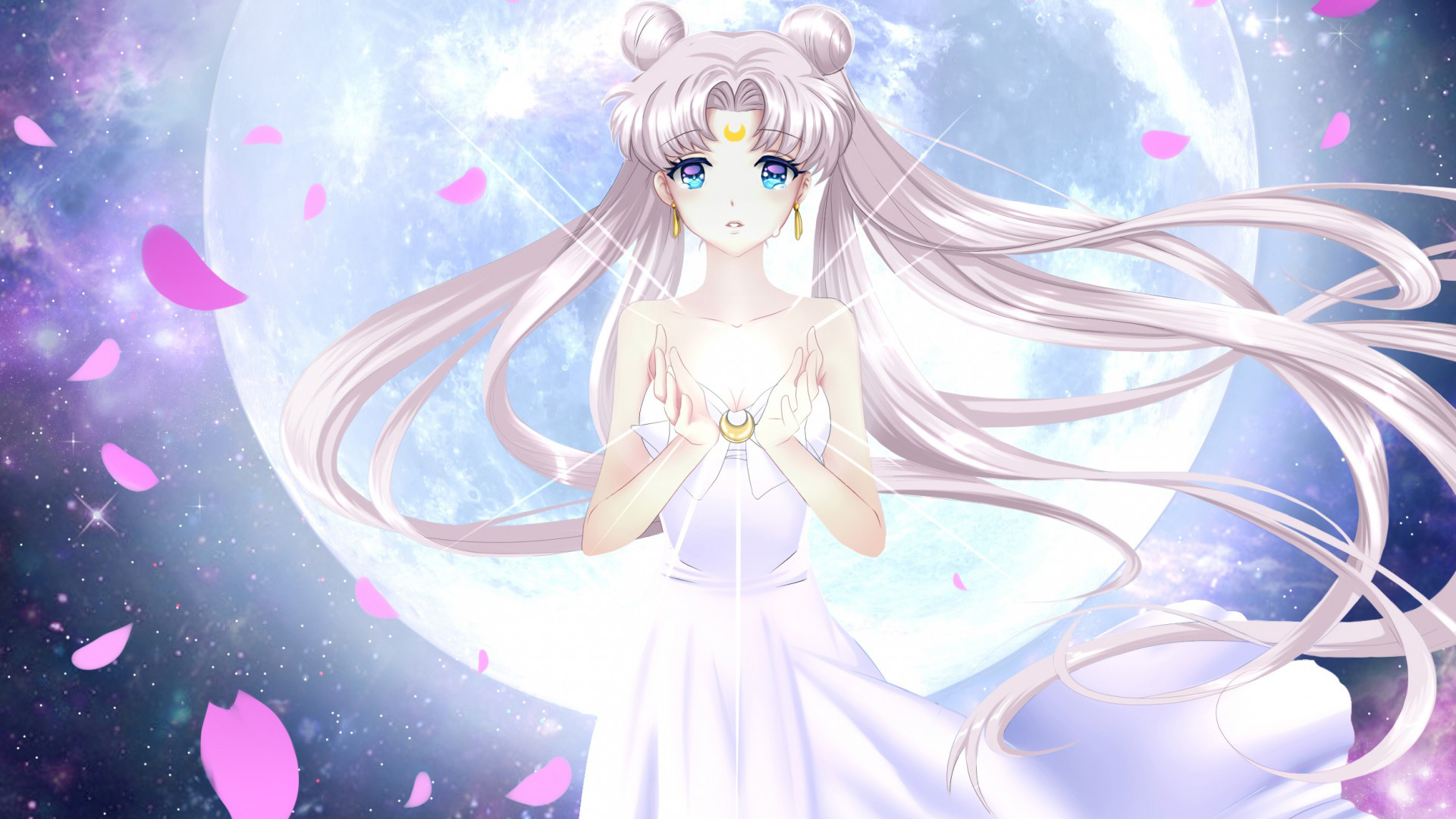 美少女战士，宁静月光下的花瓣之舞，唯美水手女孩动漫壁纸免费下载