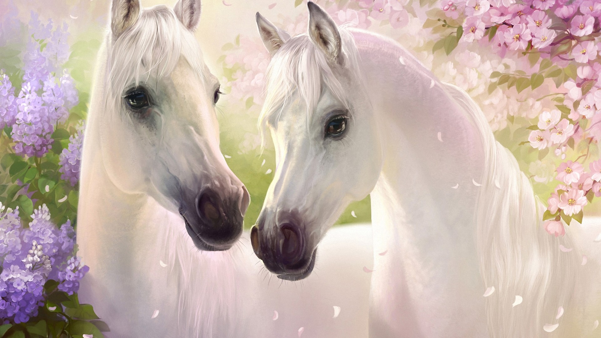 白色骏马与夫妇花影，唯美主题绘画壁纸，免费下载精美电脑背景