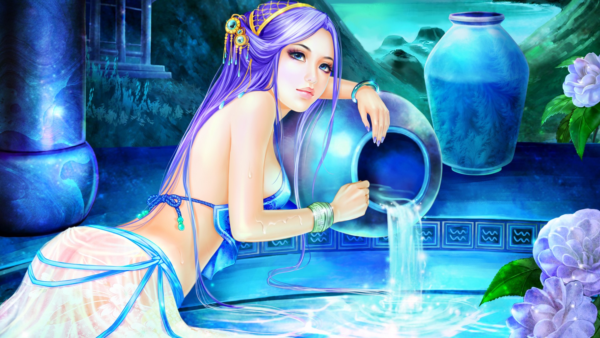 女孩,眼睛,脸,水池,瓶子,花,唯美梦幻壁纸