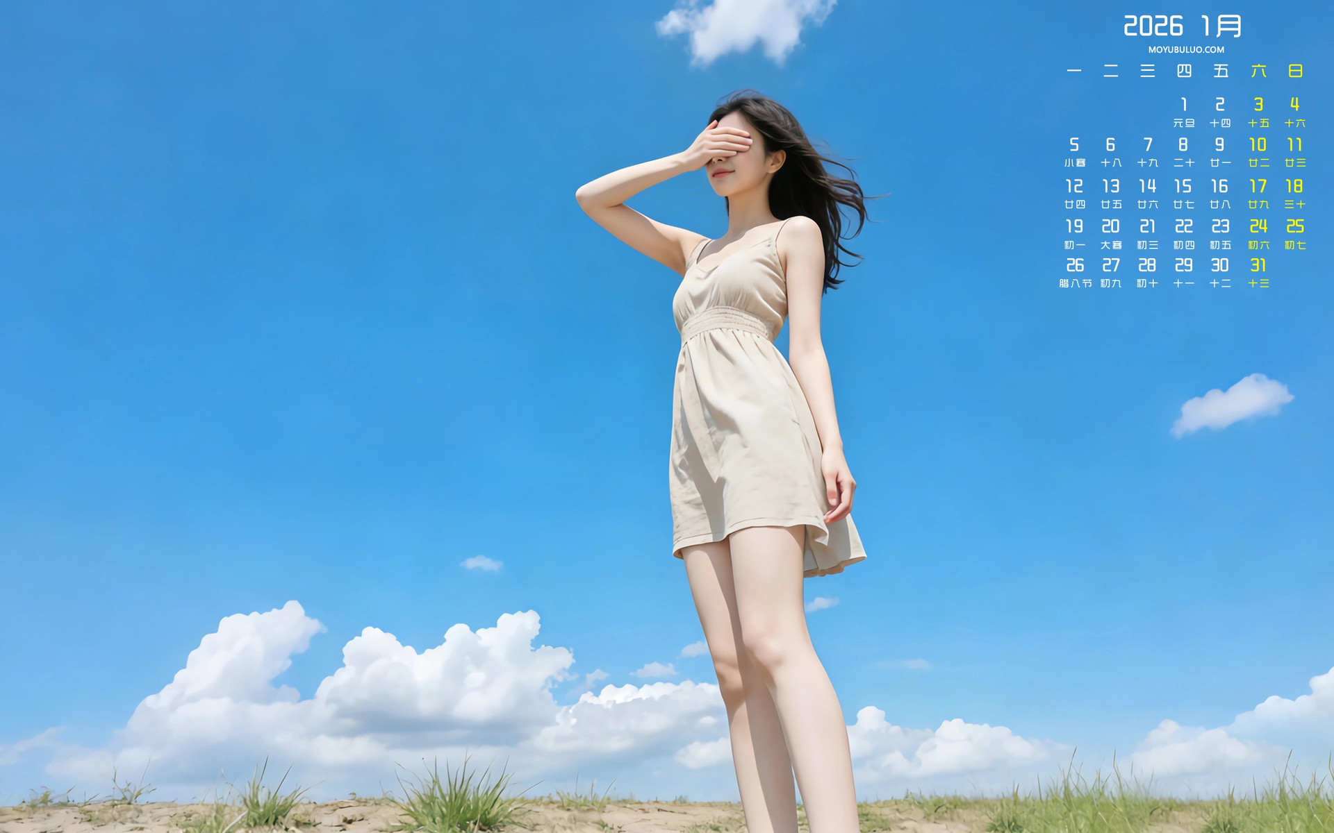 小清新蒙眼美女2026年1月日历免费电脑壁纸下载