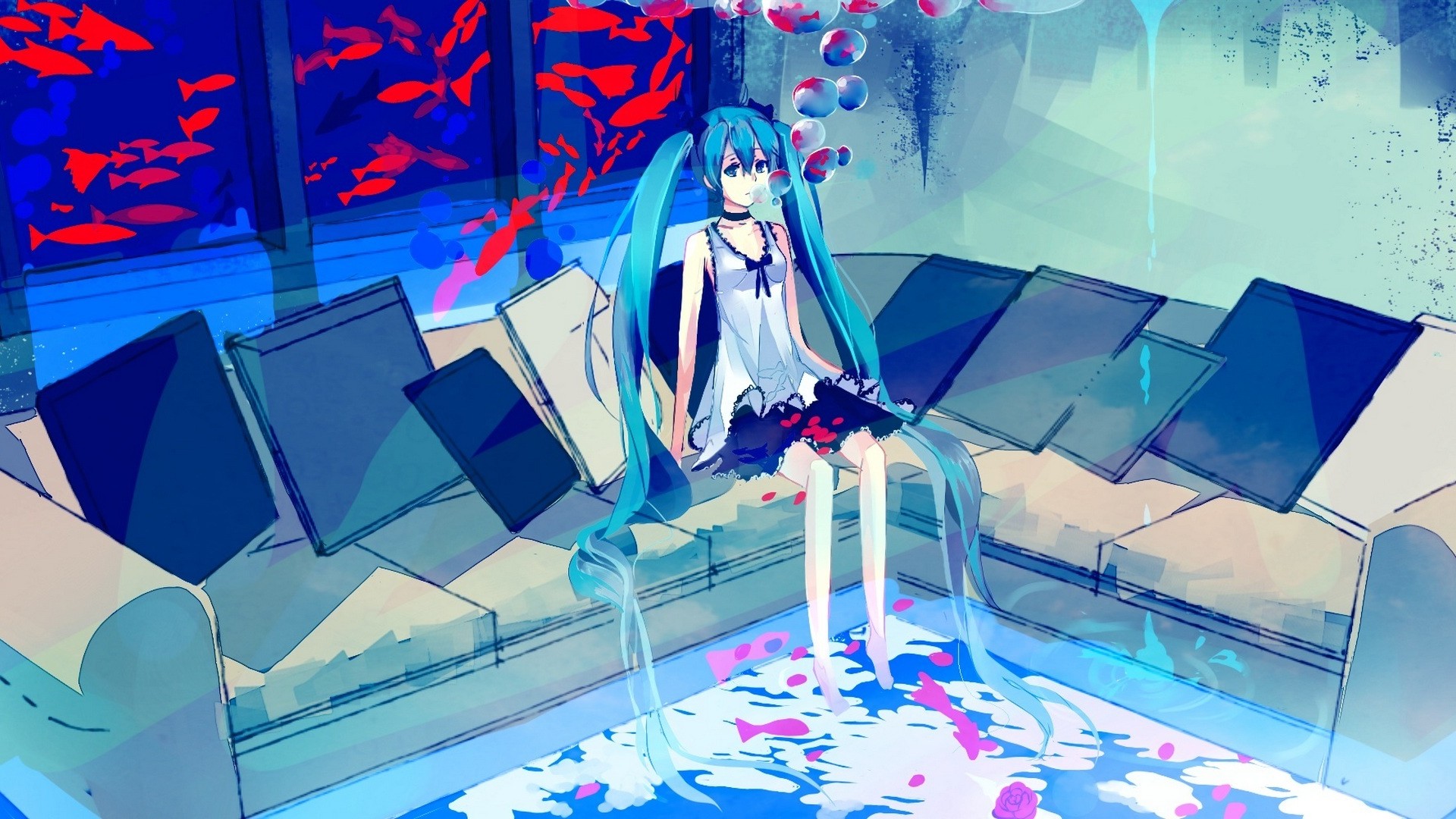 初音未来客厅鱼跃泡泡动漫壁纸，免费下载高清电脑壁纸