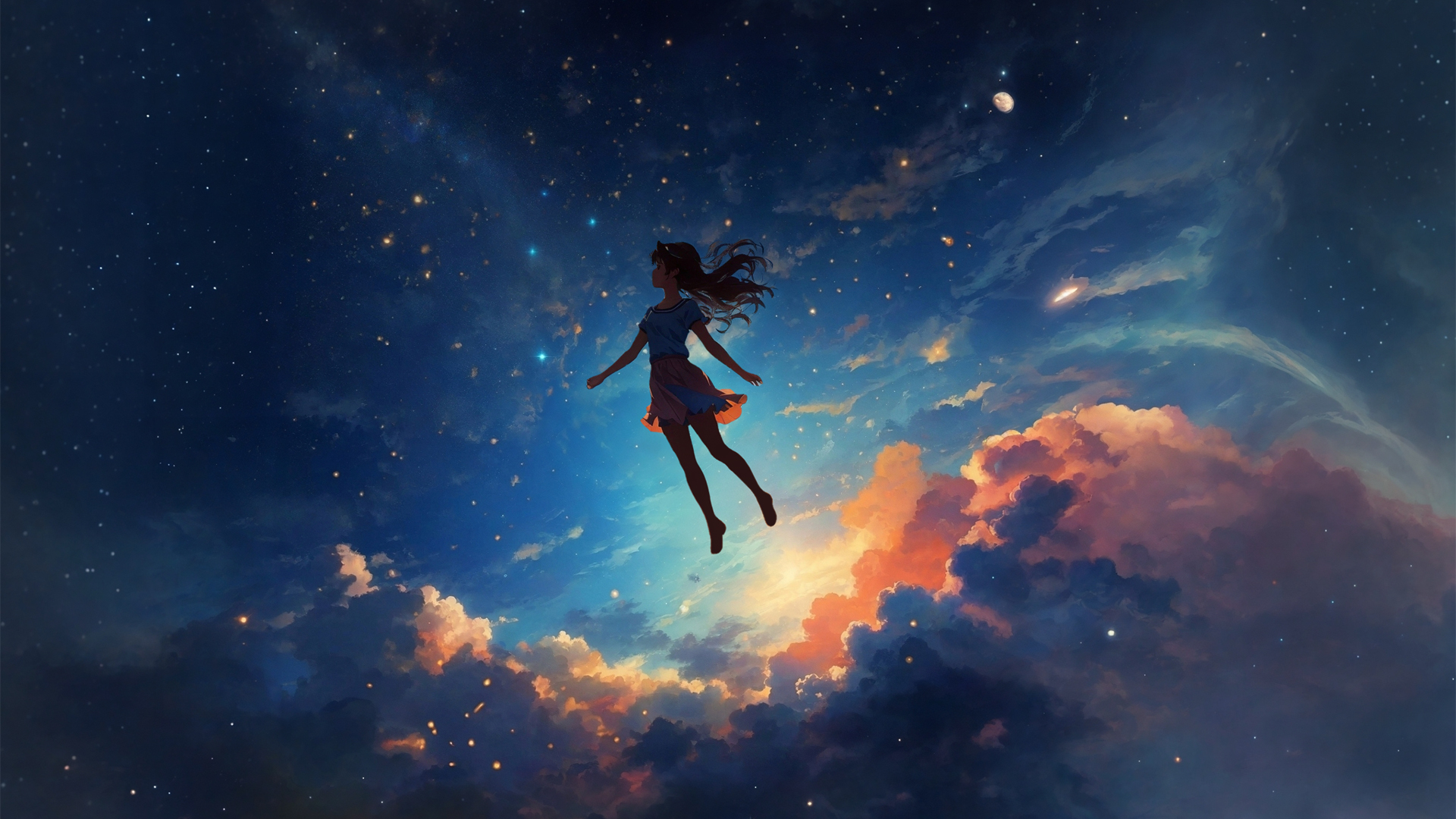 免费下载星系女孩漂浮动漫壁纸，精美电脑桌面背景随你挑！