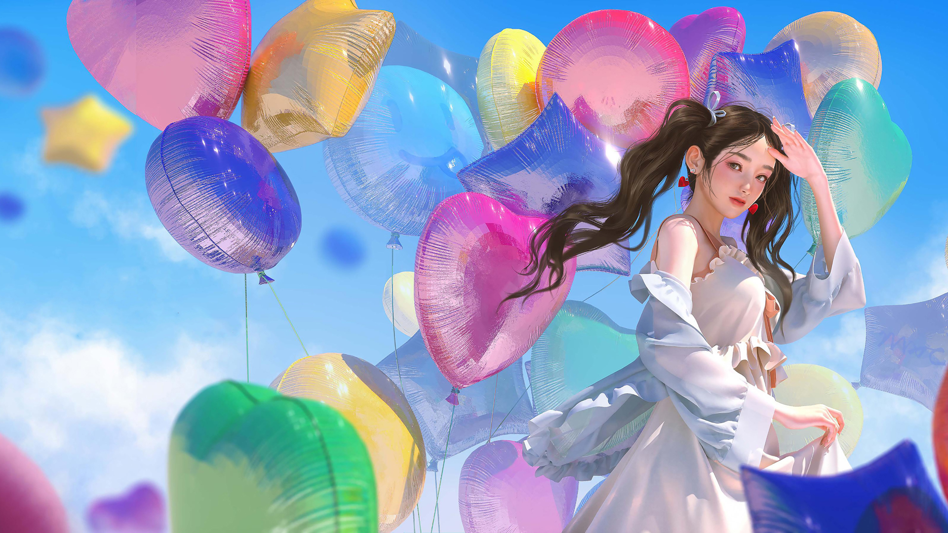 蓝天彩球下的双马尾少女，动漫女孩壁纸免费下载，清新可爱电脑背景
