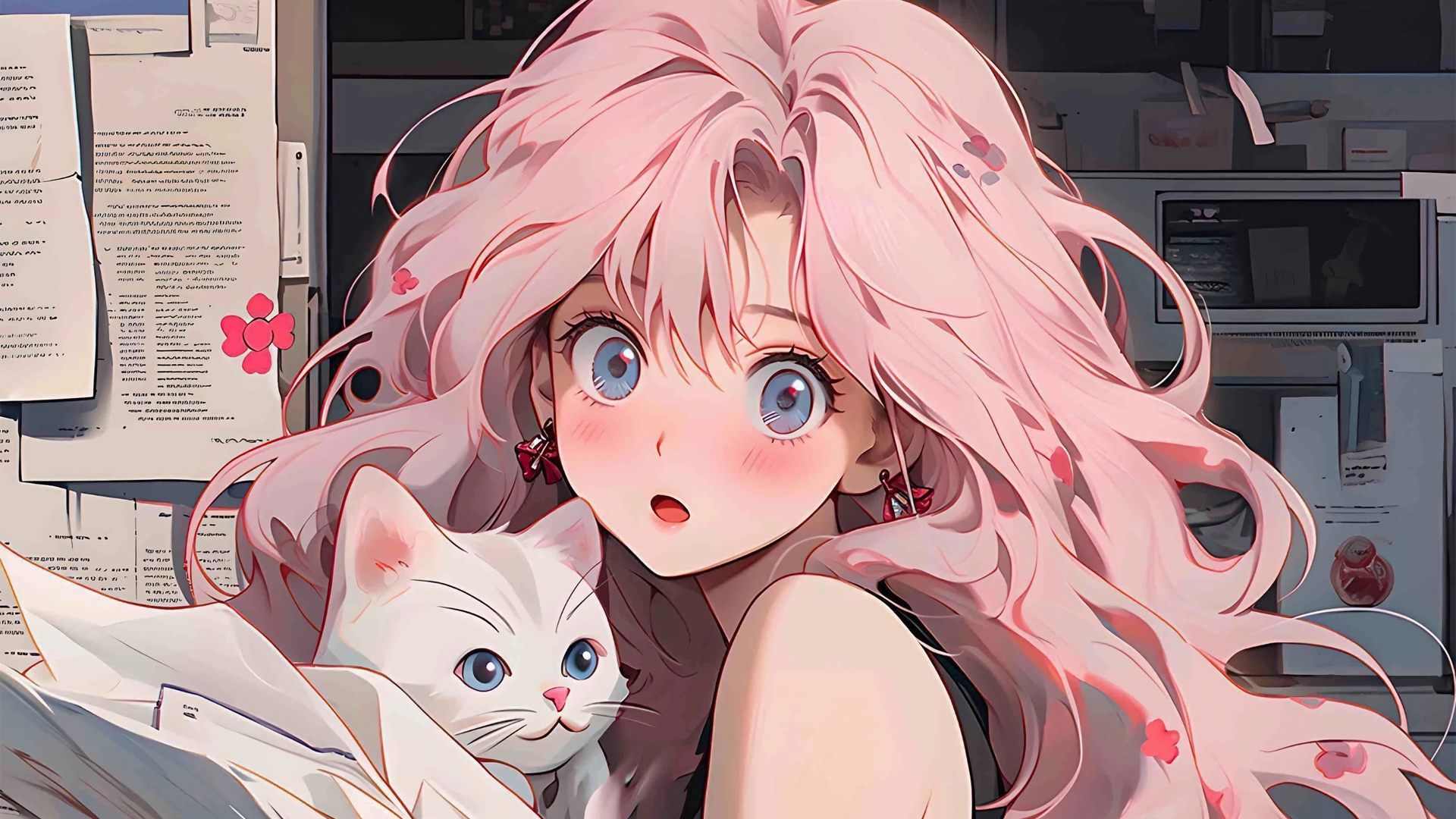 报纸墙背景下的可爱粉色长发少女与萌猫，精选动漫桌面壁纸免费下载