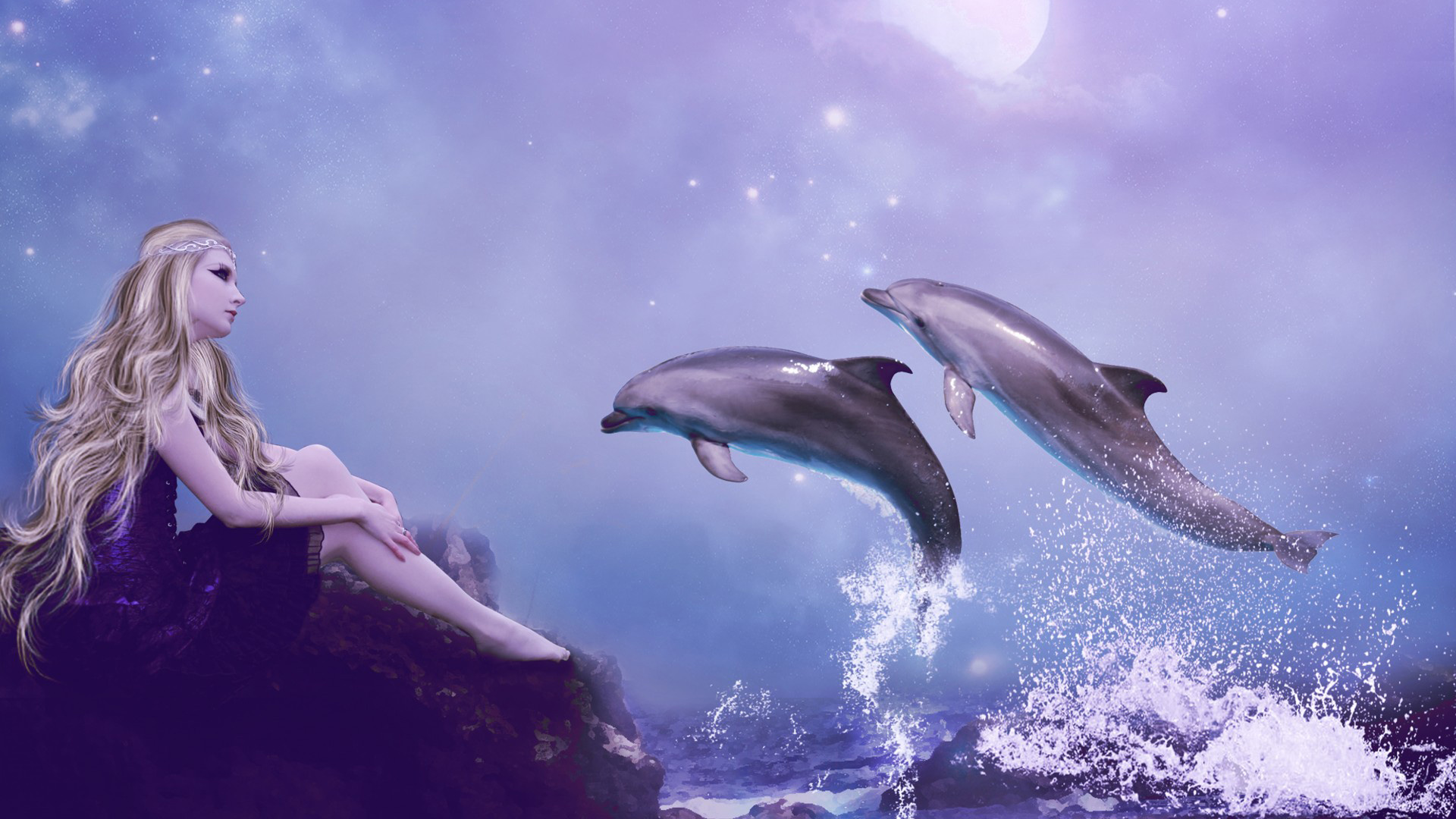 幻想之旅，金发女孩坐海岩赏浪豚，唯美壁纸免费下载