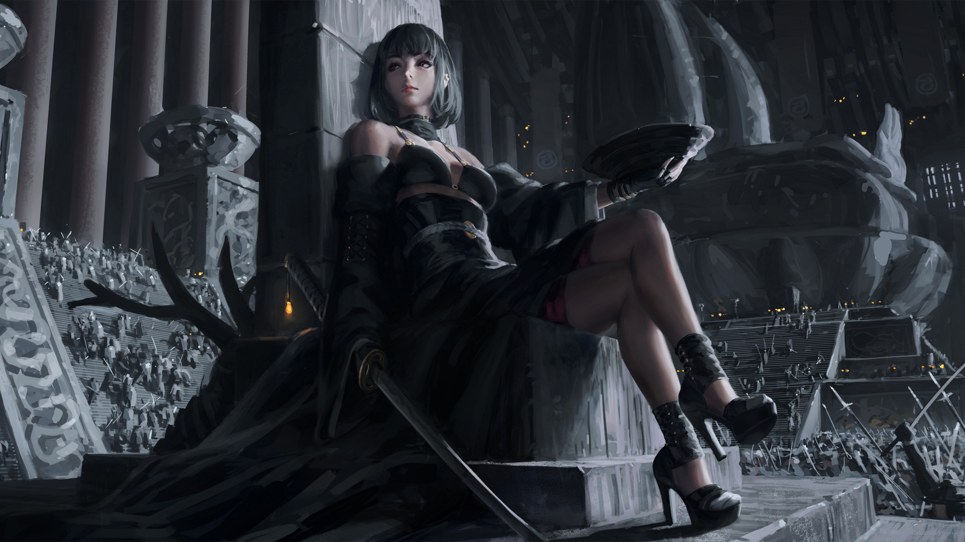 女孩战士的宝座，武士刀与士兵荣耀，2K动漫壁纸免费下载