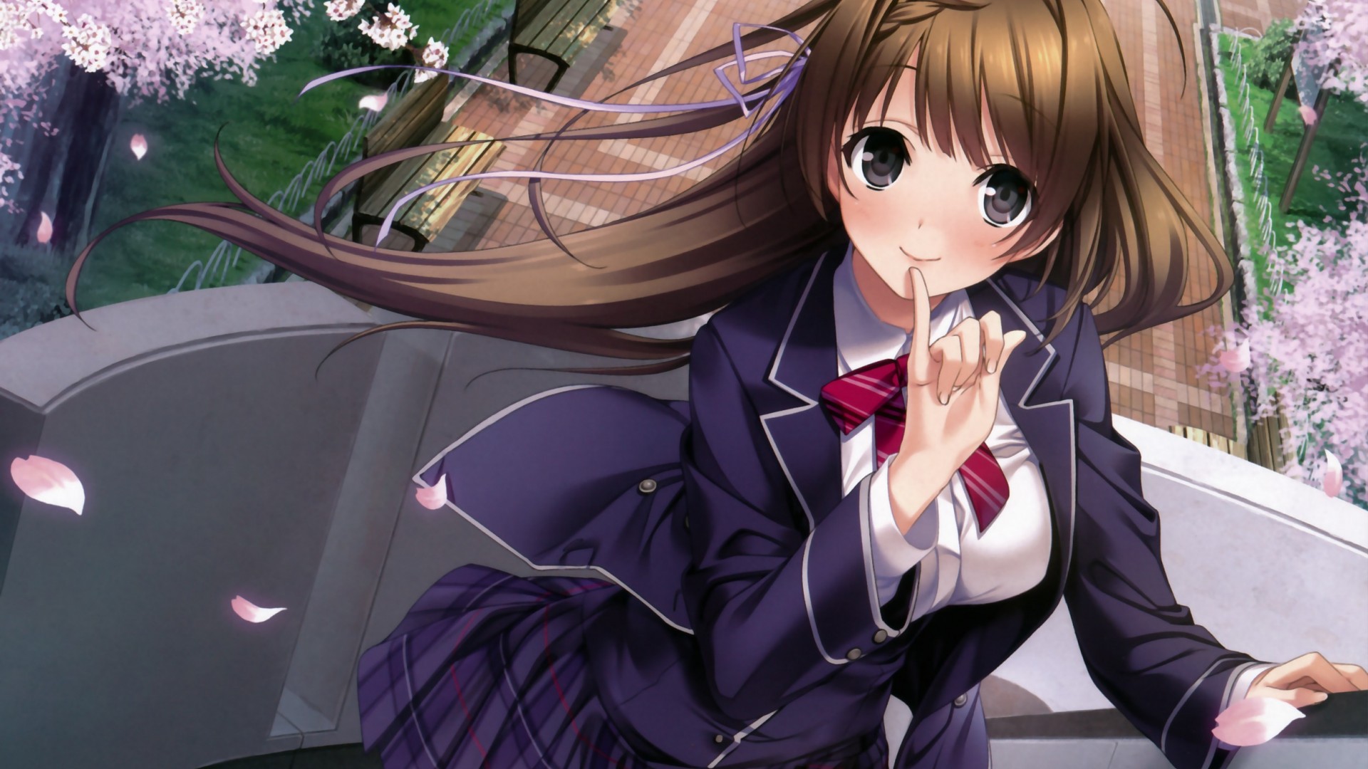 美琴明美，女孩，美丽的女孩，大眼睛，制服，花瓣，桌面壁纸