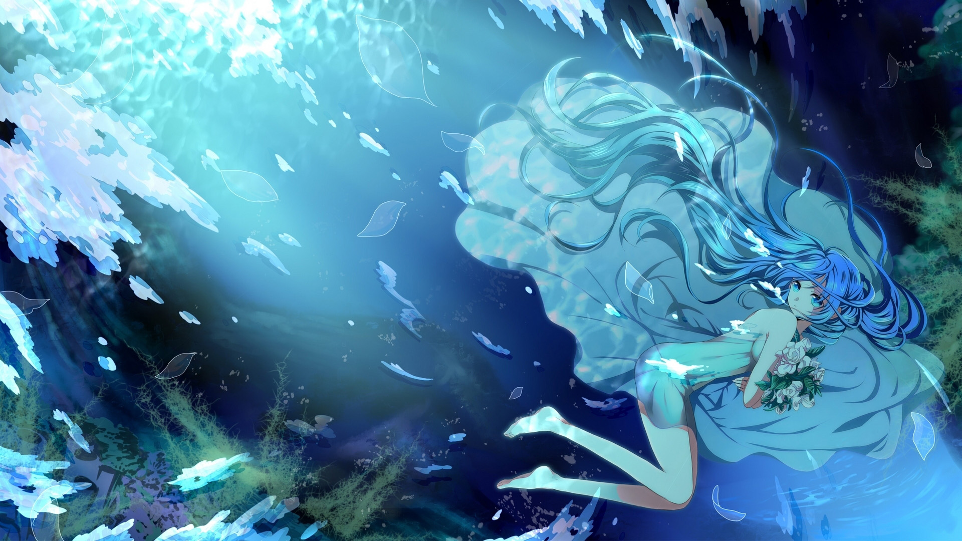 初音未来,女孩,花,海底,桌面壁纸