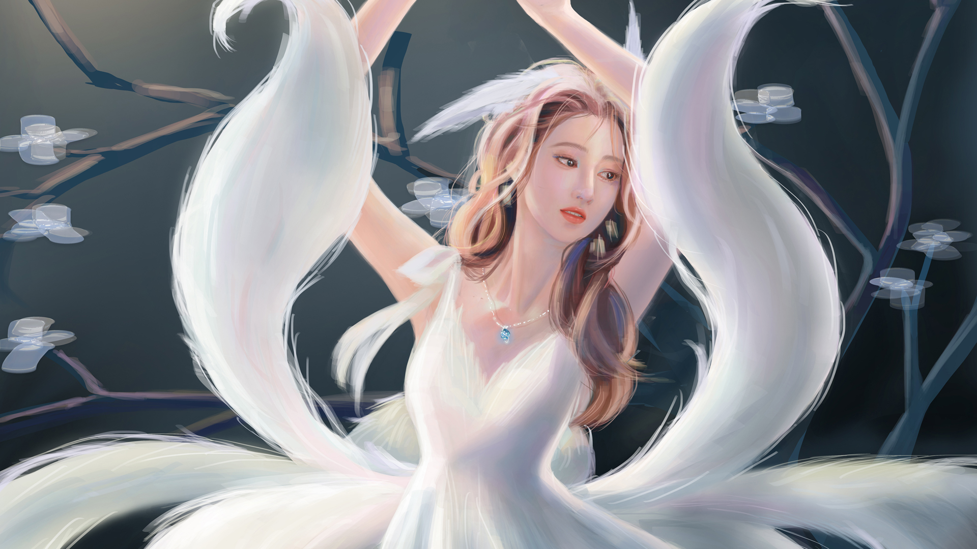 九尾狐仙，白裙美女动漫厚涂画，免费电脑壁纸下载，精选高清大图