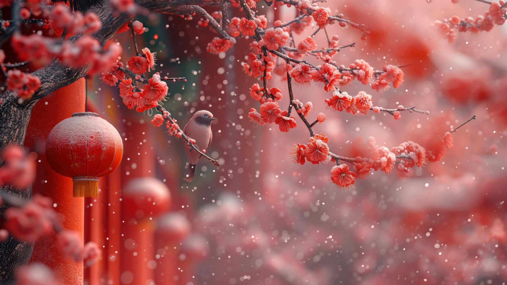 2025年春节喜庆壁纸，雪花、红灯笼、鸟儿，高清免费电脑壁纸下载