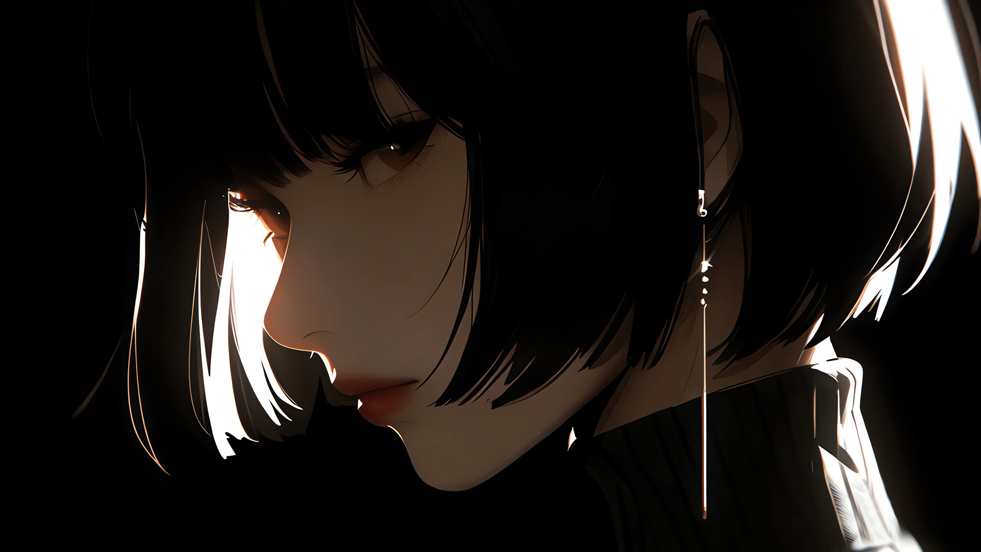 动漫美女侧脸暗黑色背景高清免费电脑桌面壁纸下载