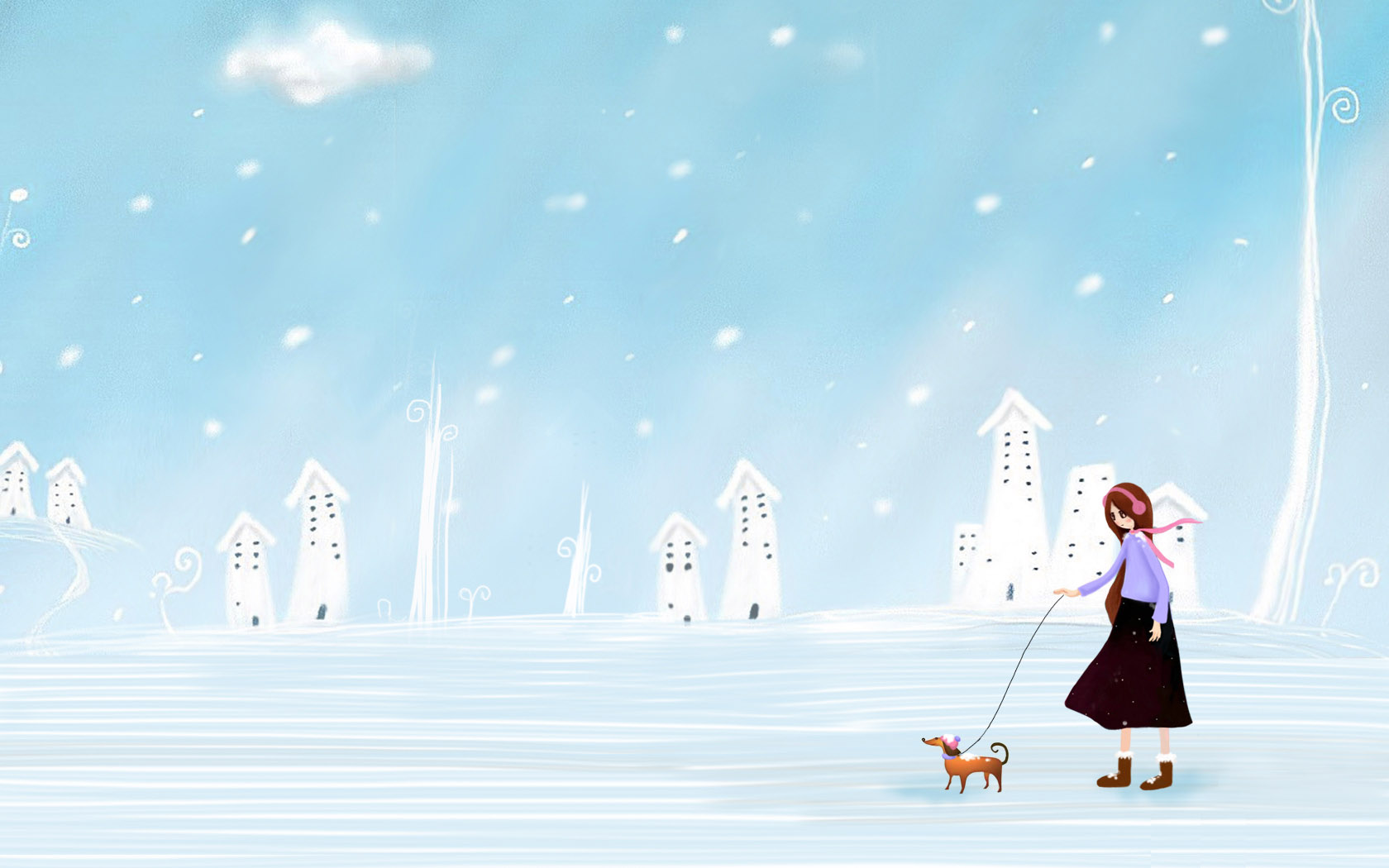 女孩与小狗雪地漫步，唯美壁纸免费下载，电脑桌面美化必备
