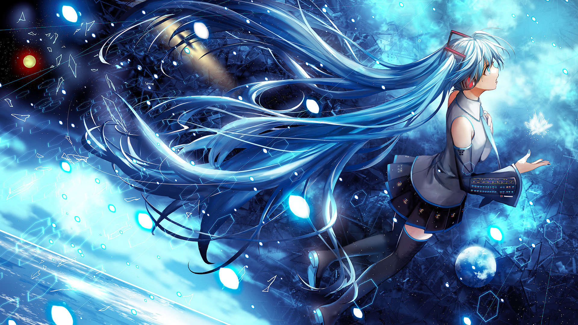 初音未来动漫壁纸，女孩与天空的梦幻交融，免费高清电脑壁纸下载