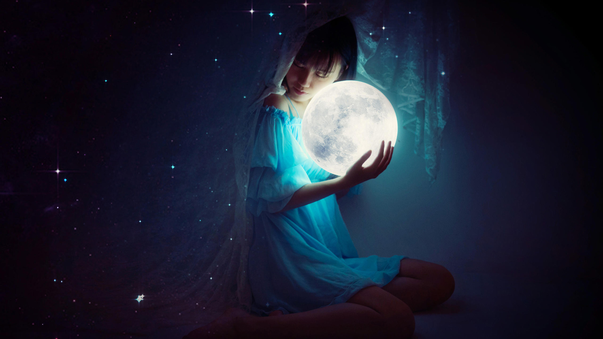 清纯少女梦幻闺房，星星星球唯美意境，免费电脑壁纸下载