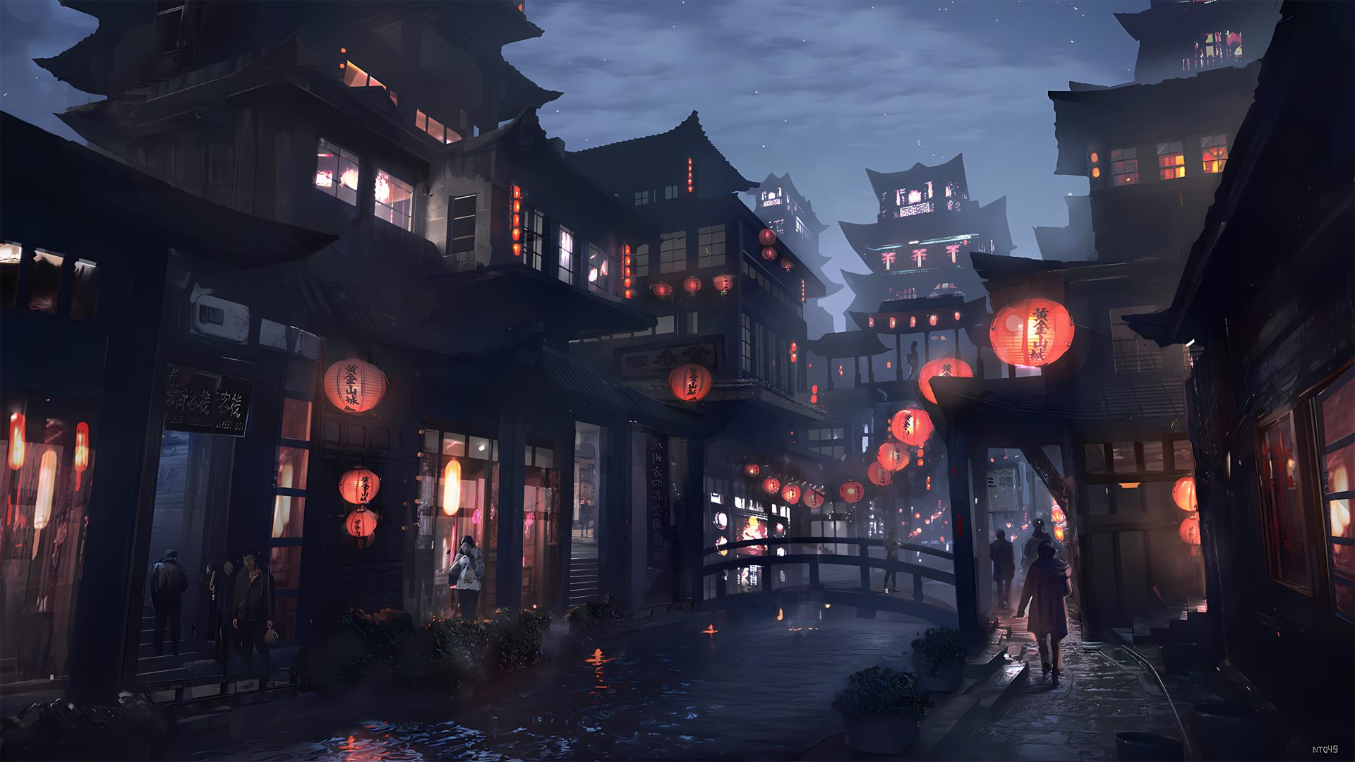 古风建筑黄金山城，灯笼点缀的夜景客栈，动漫风格壁纸免费下载