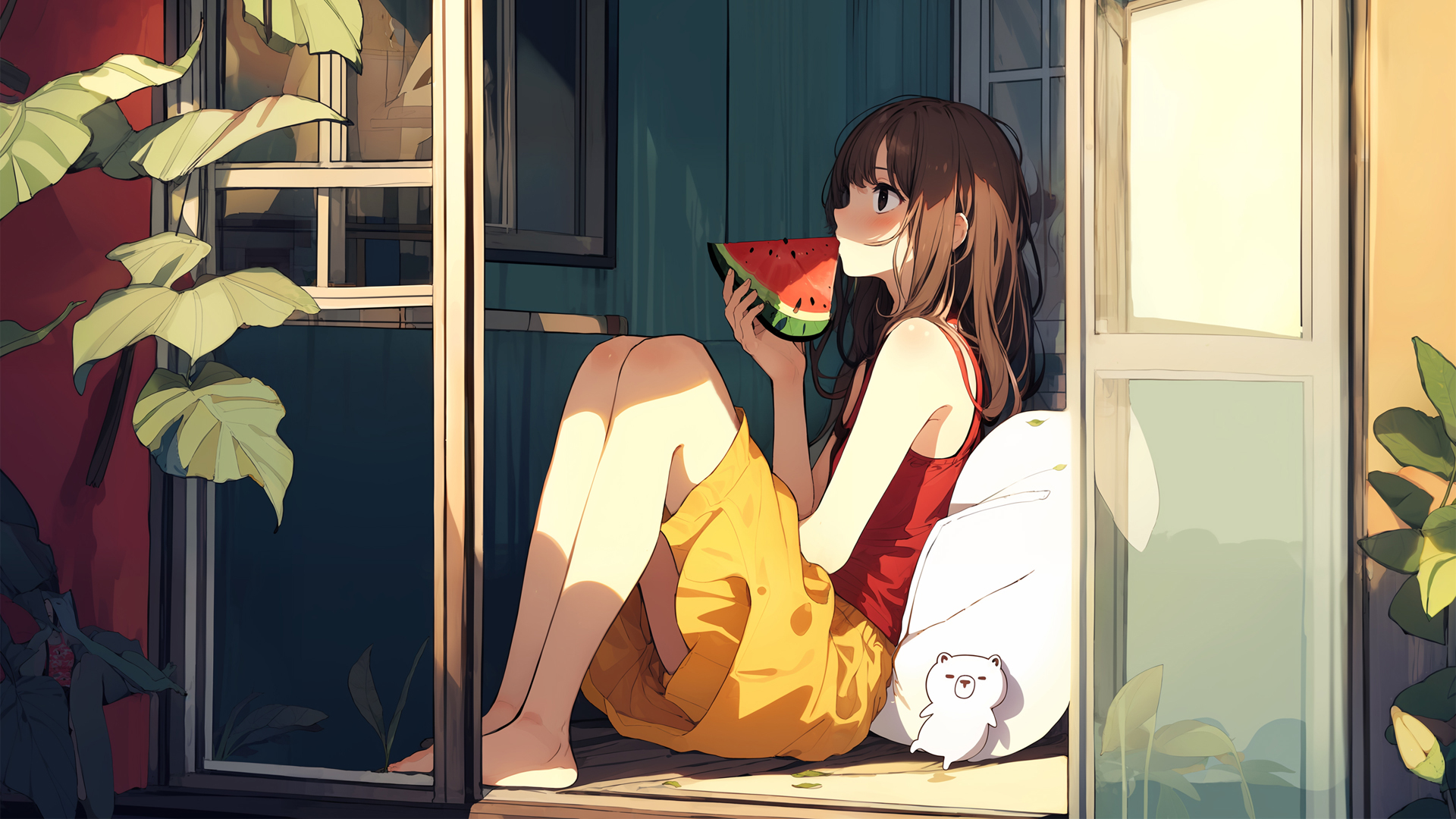 夏天 吃西瓜的女生 动漫桌面壁纸