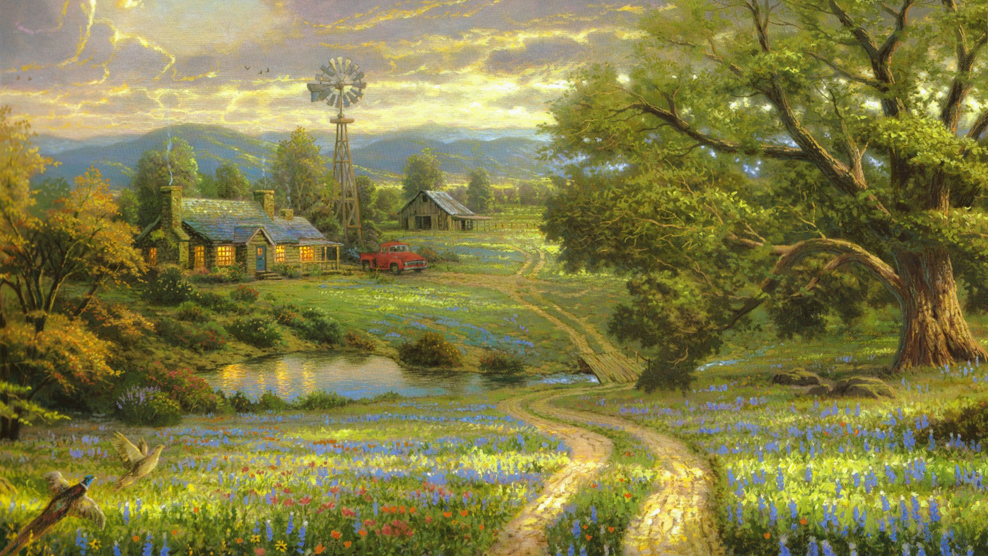 乡间生活,马路,房子,树,湖,花,托马斯·金凯德,风景绘画壁纸