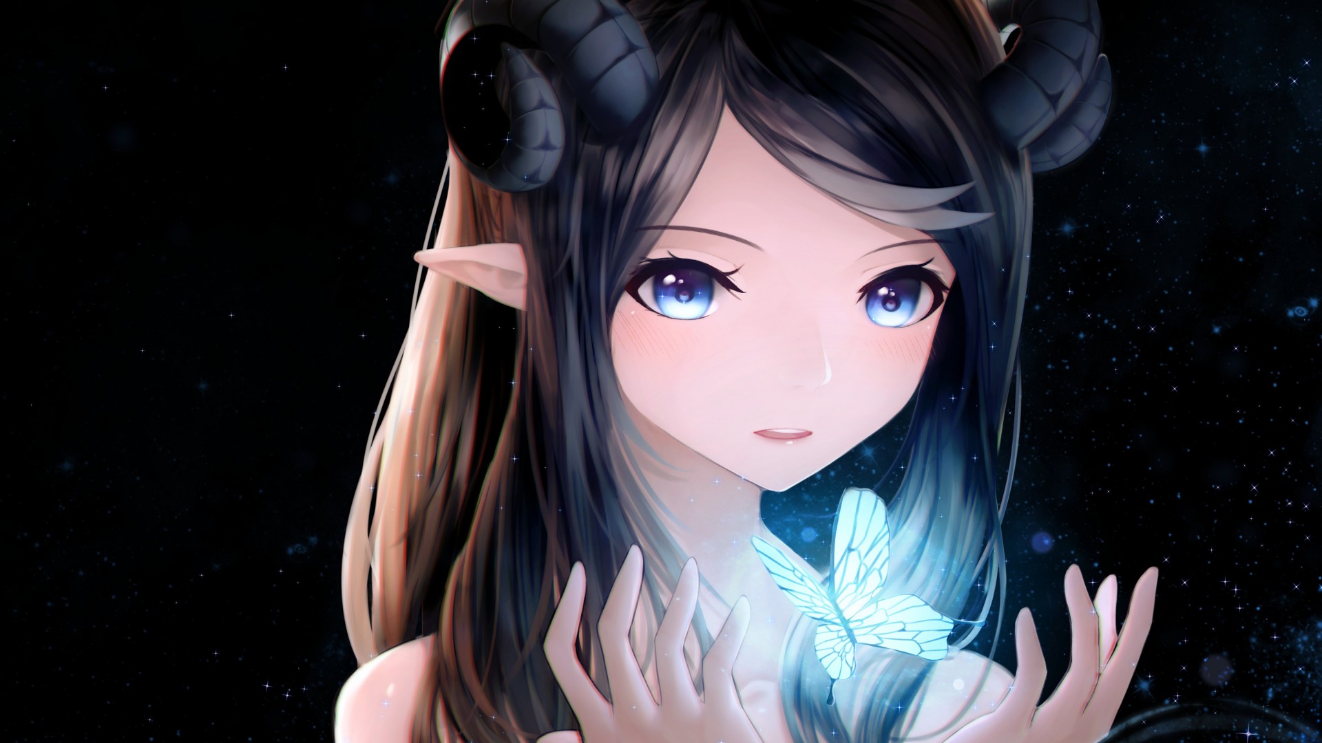 梦幻女孩，蝴蝶羊角与星星耳朵，可爱精美动漫壁纸免费下载