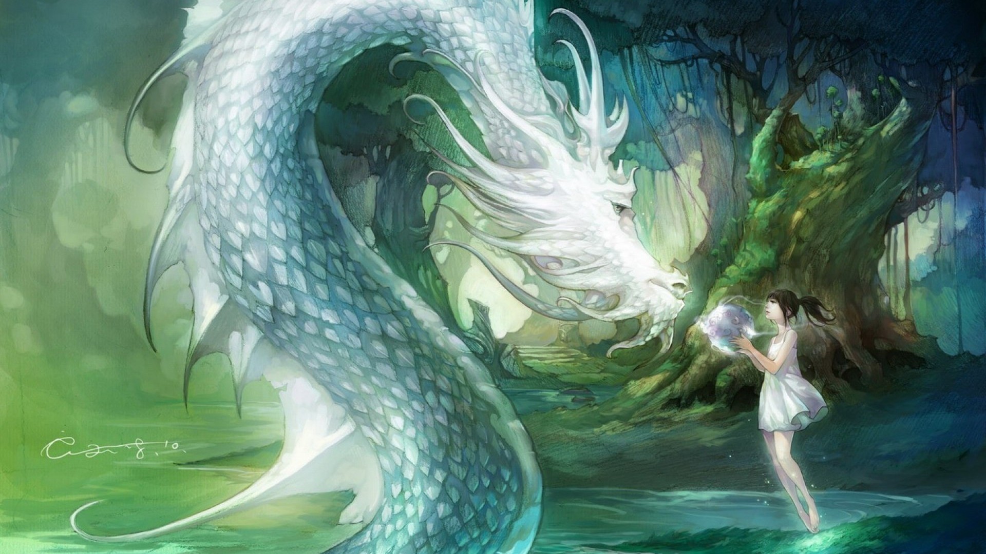 龙女与龙珠，动漫风树木背景桌面壁纸，免费下载