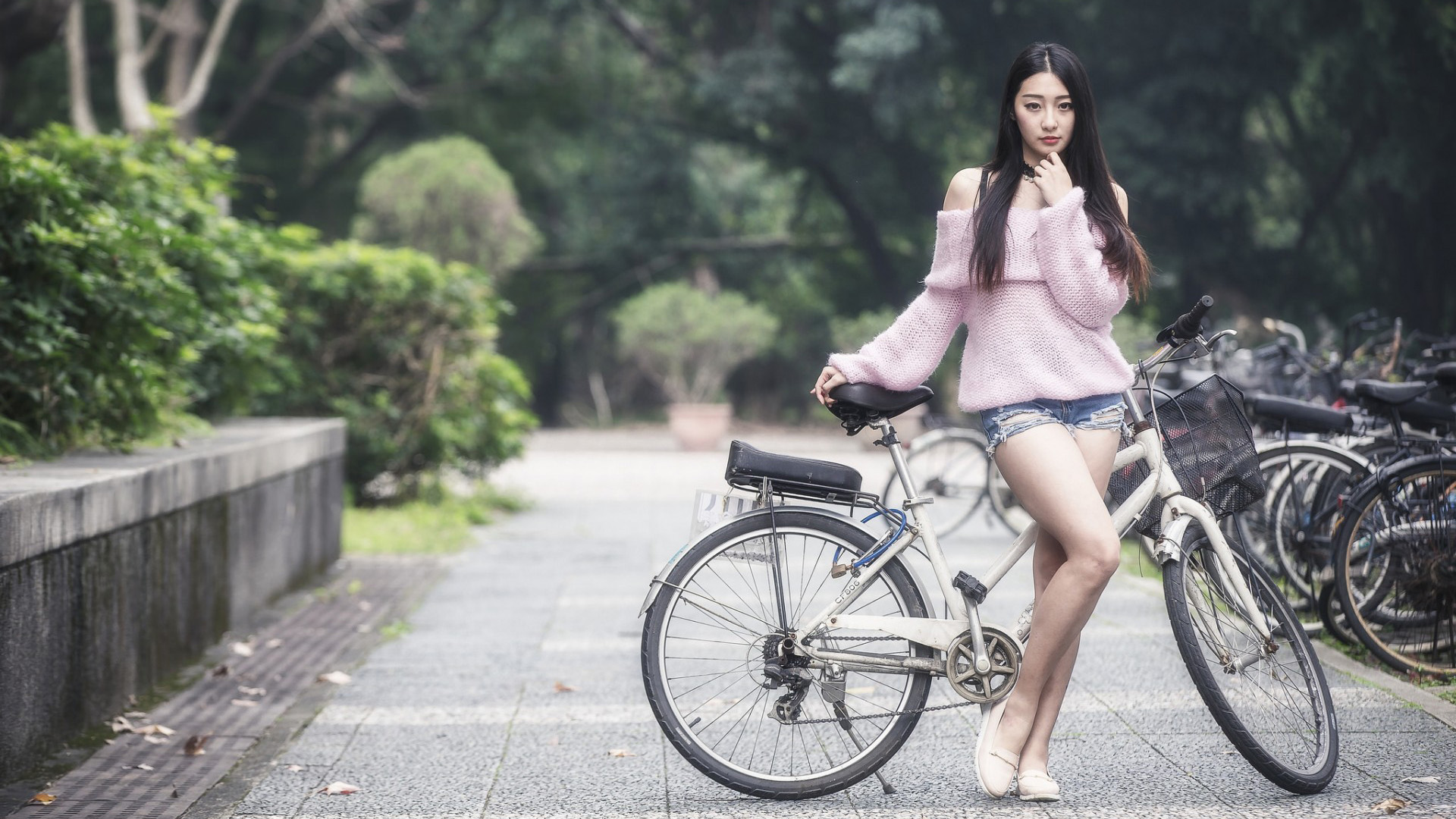 长女美女,粉色毛衣,牛仔短裤,自行车,街道,大学校园美女桌面壁纸