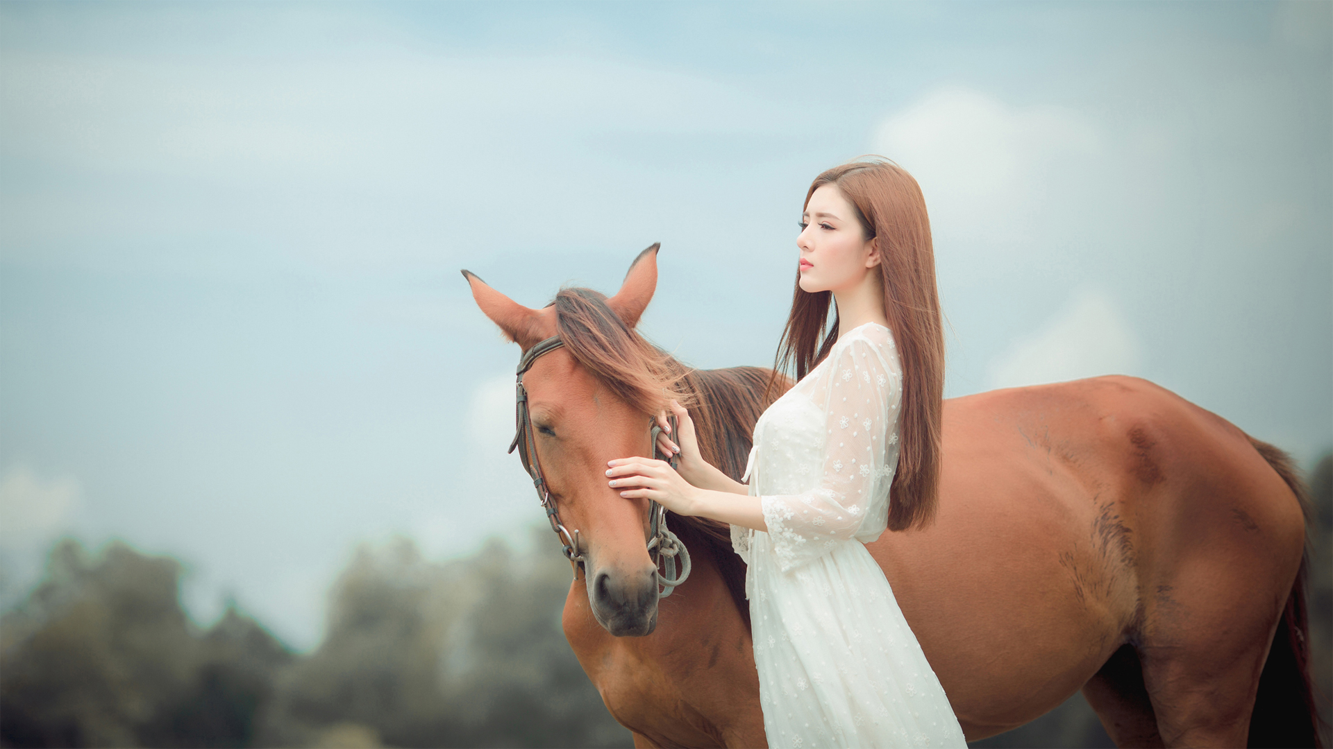 长发美女着白裙骑棕马，绝美壁纸免费下载，电脑桌面美化首选
