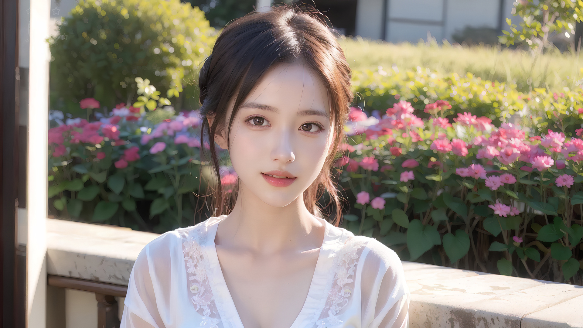 AI绘画 可爱清纯美女 白色衣服 鲜花 漂亮美女壁纸