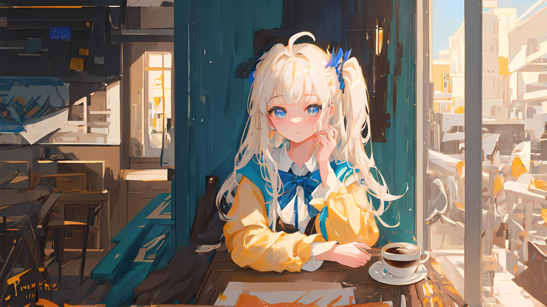 可爱女学生蓝色眼睛咖啡主题AI绘画作品，精选动漫高清壁纸，免费下载电脑桌面背景