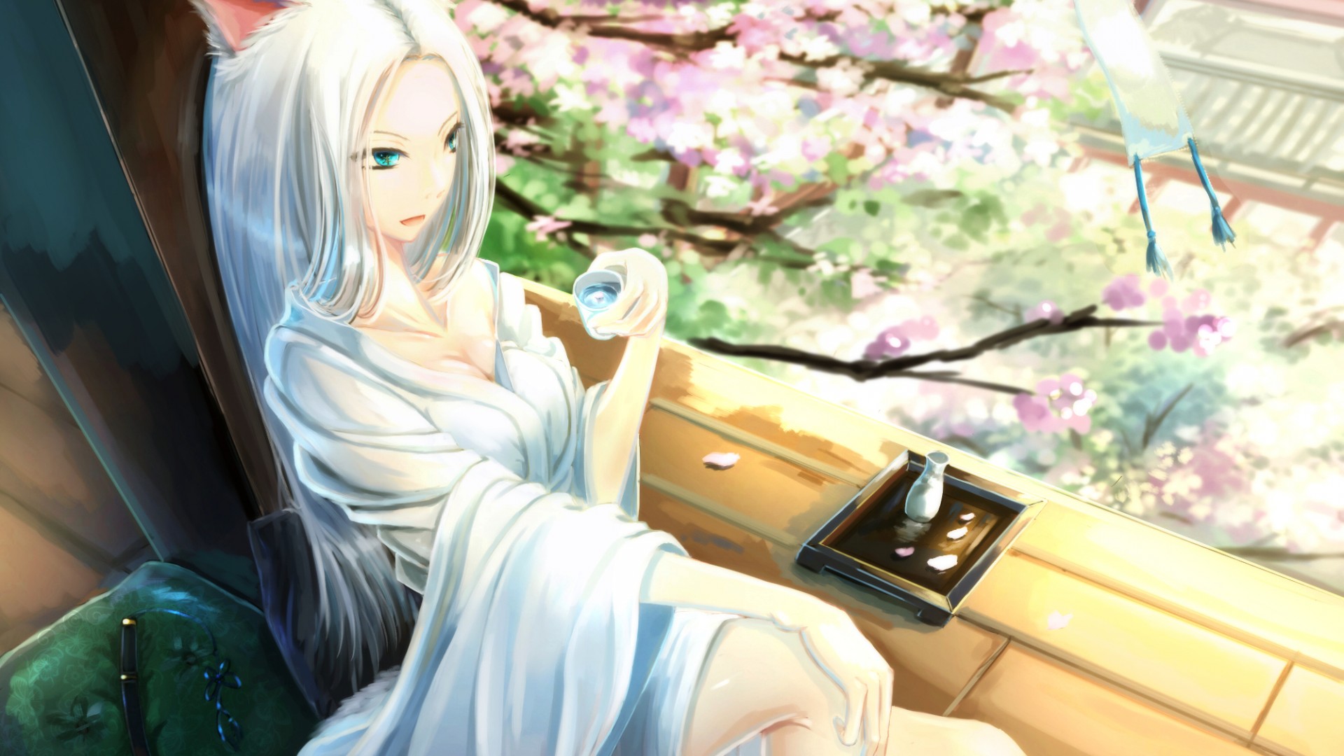 女孩心情映动漫，猫耳尾巴伴清酒，绝美风景壁纸免费下