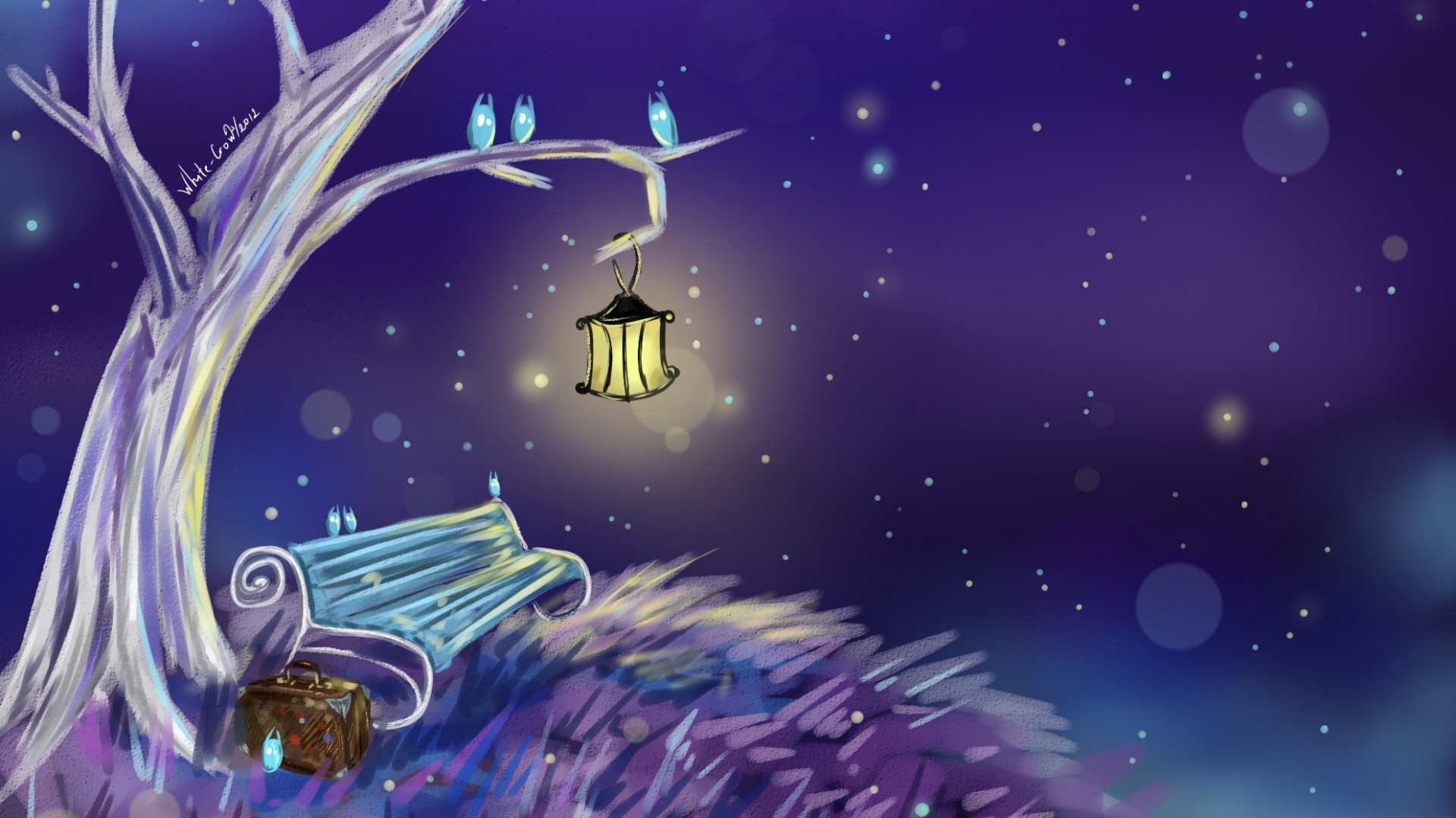 唯美梦幻夜空风景，树、板凳、灯笼壁纸，免费下载高清电脑背景