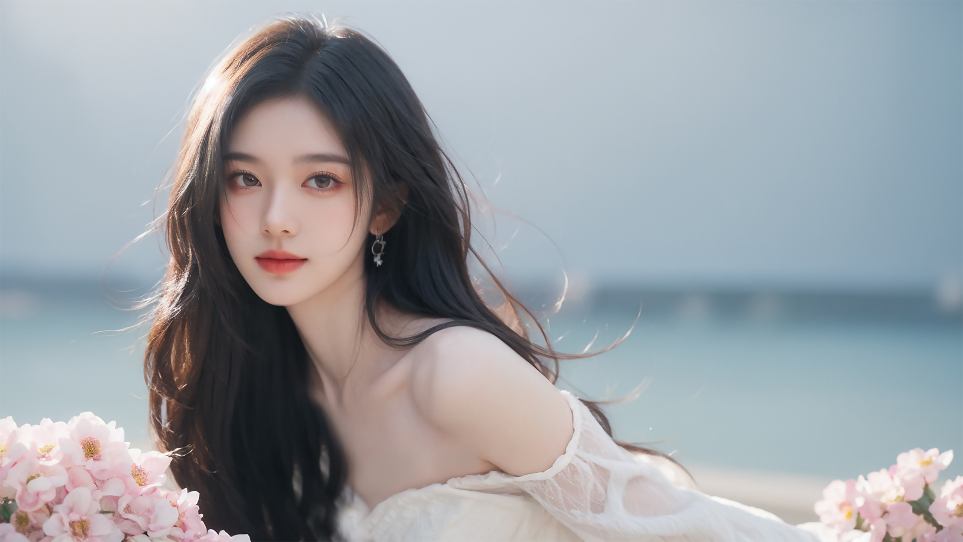 免费下载，动漫风格长发美女穿白裙与鲜花相伴的电脑壁纸