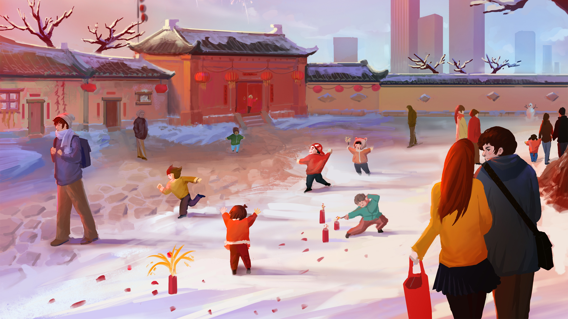 春节手绘插画壁纸，免费电脑壁纸下载，节日氛围满满！