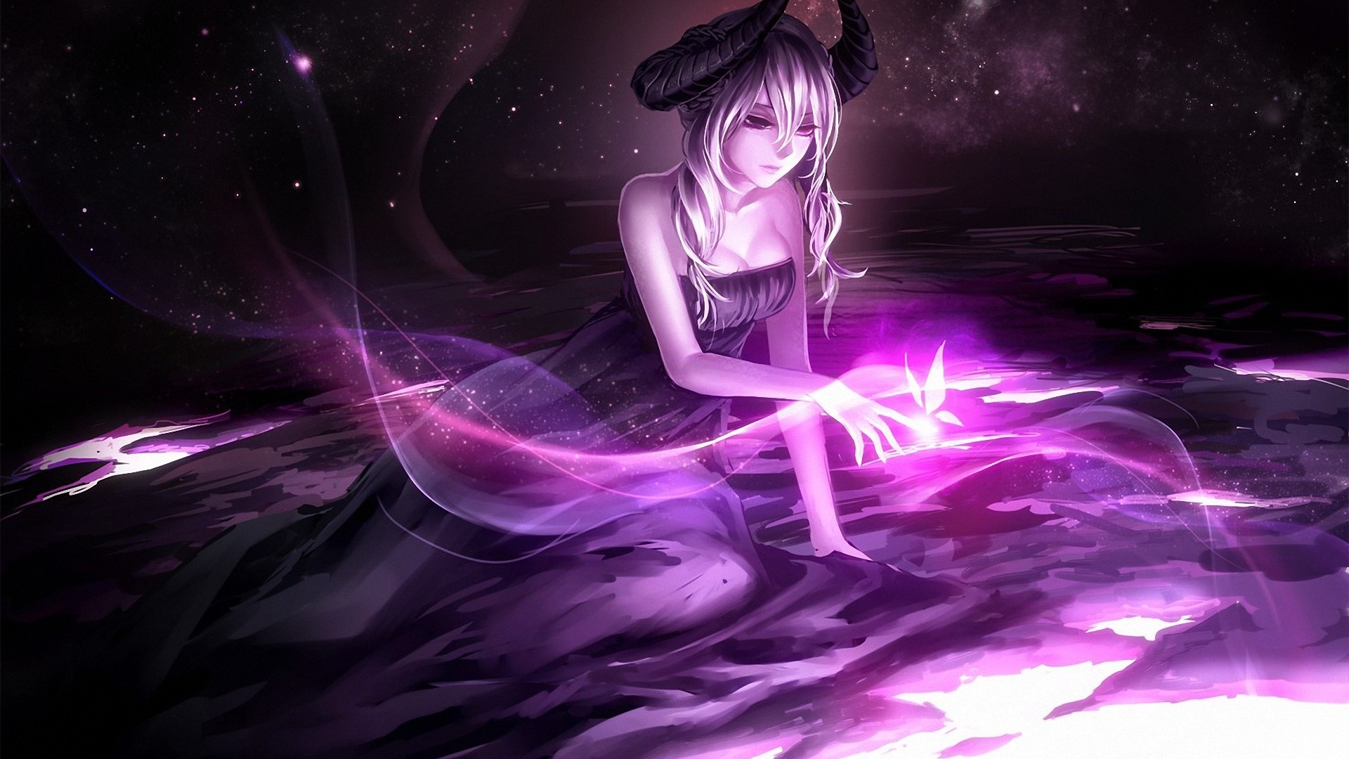 女孩恶魔牛角紫色梦幻背景，绝美动漫美女壁纸免费下载