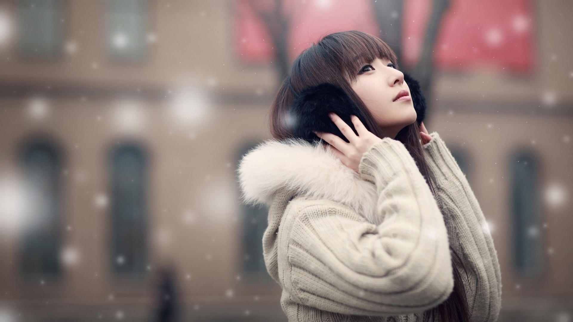 唯美冬季飘雪美女壁纸，免费电脑桌面背景高清下载