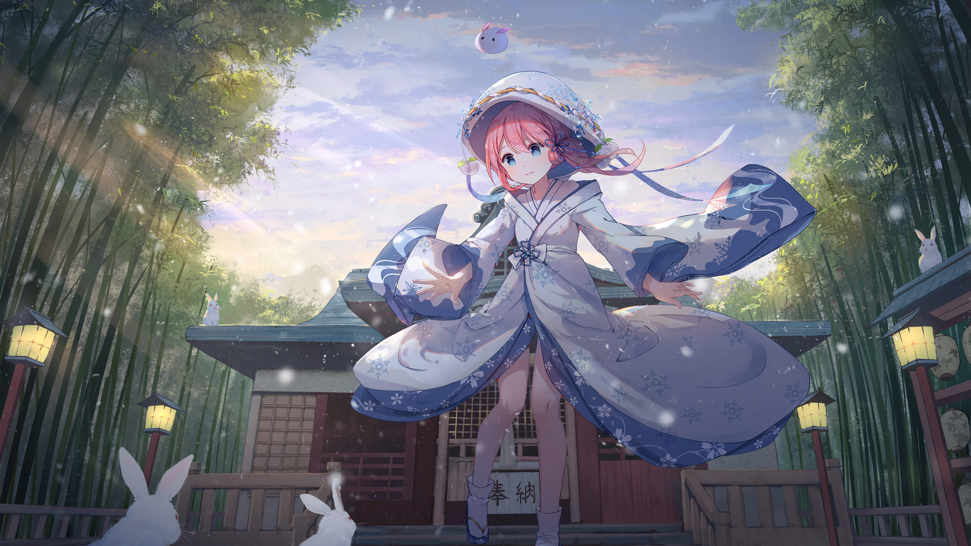 幽竹晨雪伴白兔，唯美雪女动漫壁纸，免费下载装点你的电脑桌面