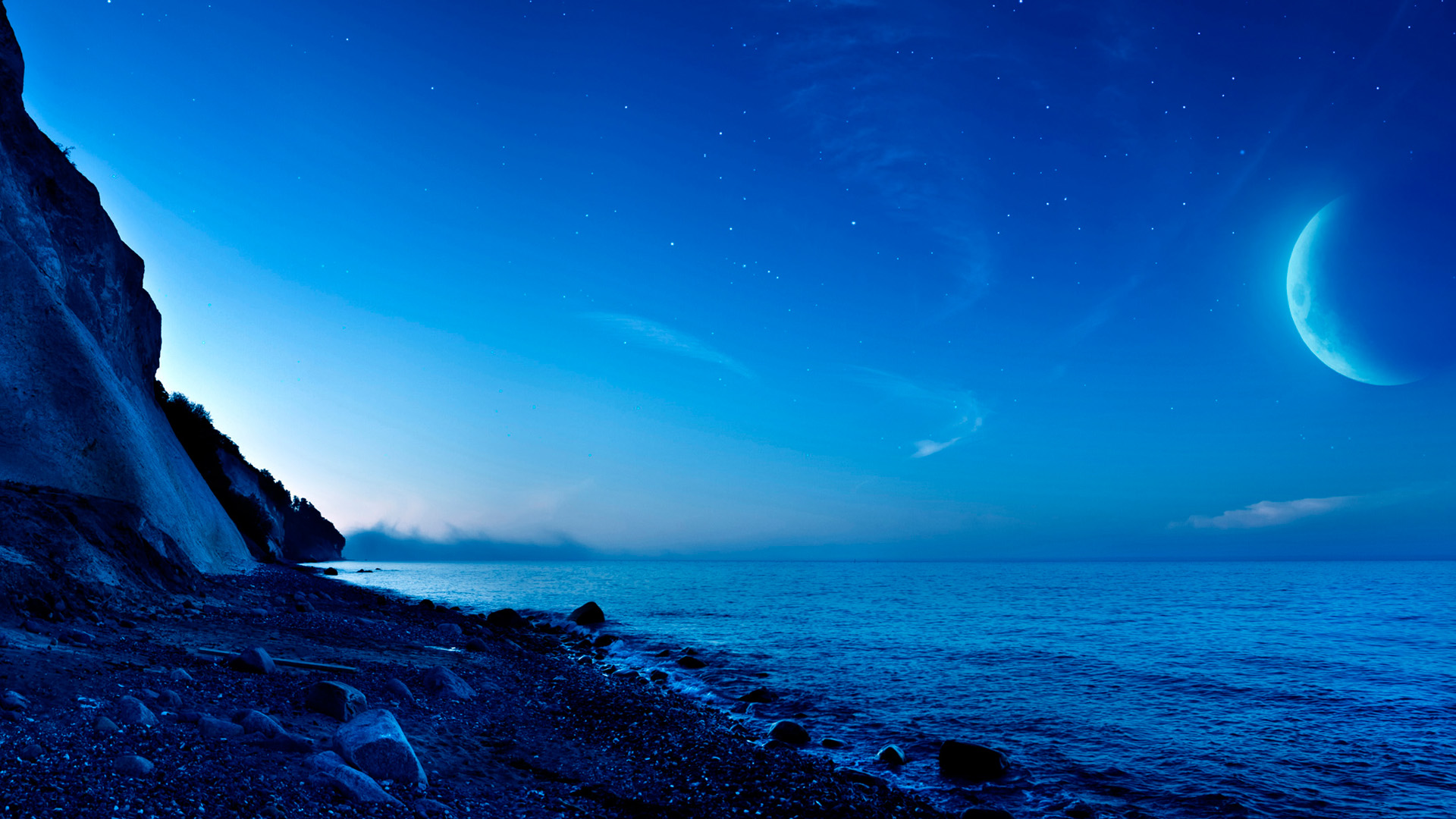 月色下的丹麦海洋，绝美大海风光壁纸，免费下载电脑桌面背景