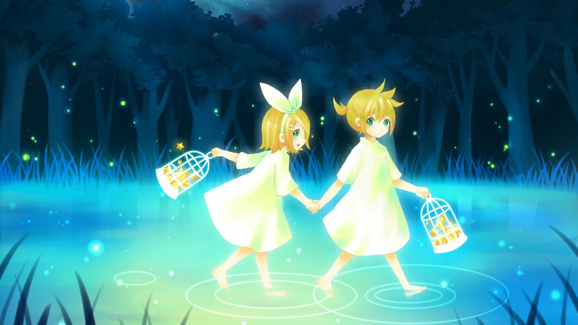 VOCALOID人气角色，镜音铃与镜音LEN动漫姐妹可爱壁纸，免费下载电脑桌面背景