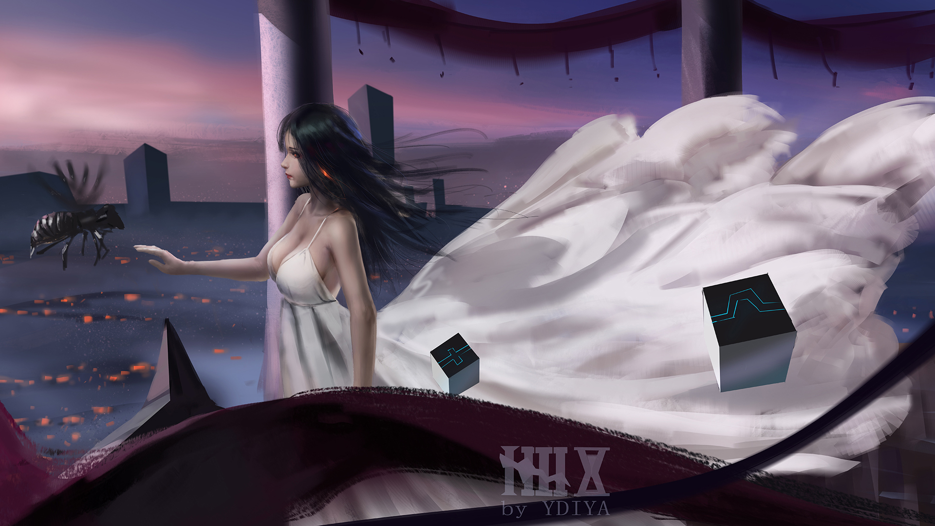 虫儿轻舞，长发女子身着白裙，唯美动漫风景人物壁纸，免费电脑壁纸下载