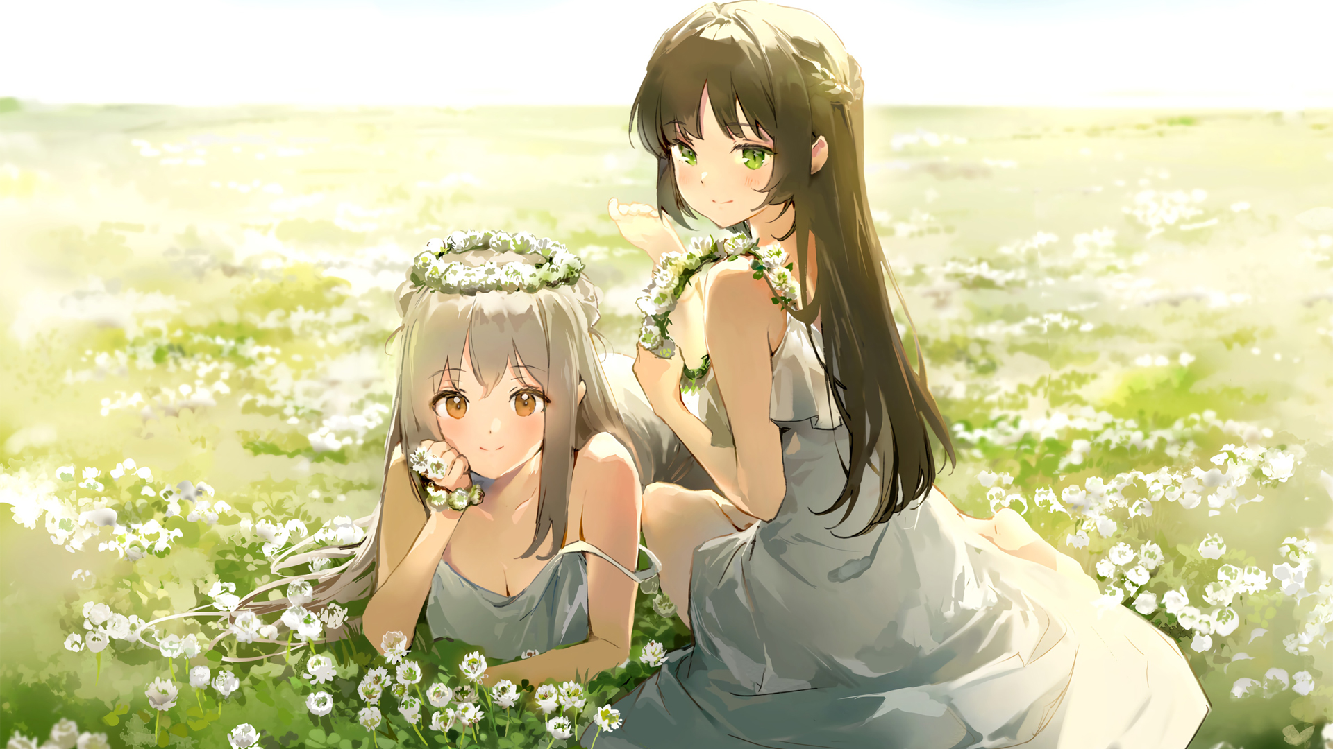 可爱姐妹动漫壁纸，女孩子花冠百合花海，免费电脑壁纸下载