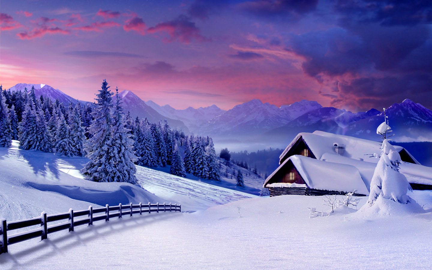 雪中小屋美景壁纸，免费电脑背景高清下载