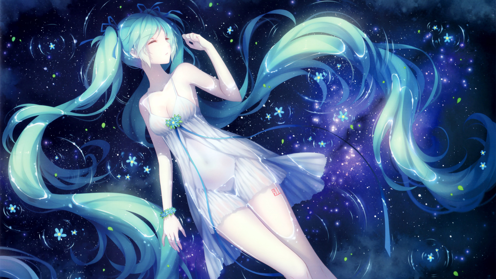 公主殿下初音未来，蓝色水域唯美高清壁纸，动漫风格电脑壁纸免费下载