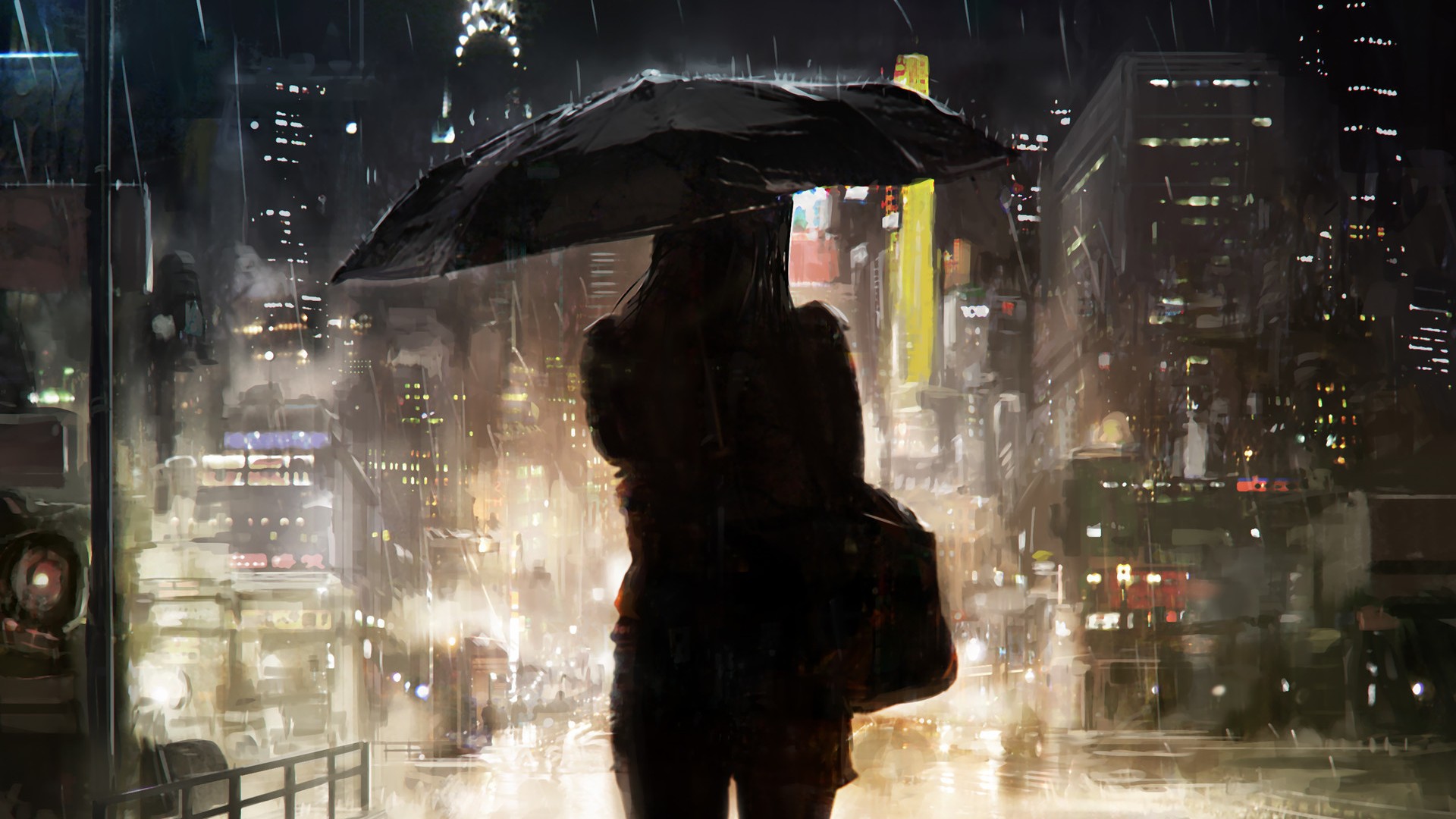 雨夜剪影，城市女孩背影唯美壁纸，免费下载