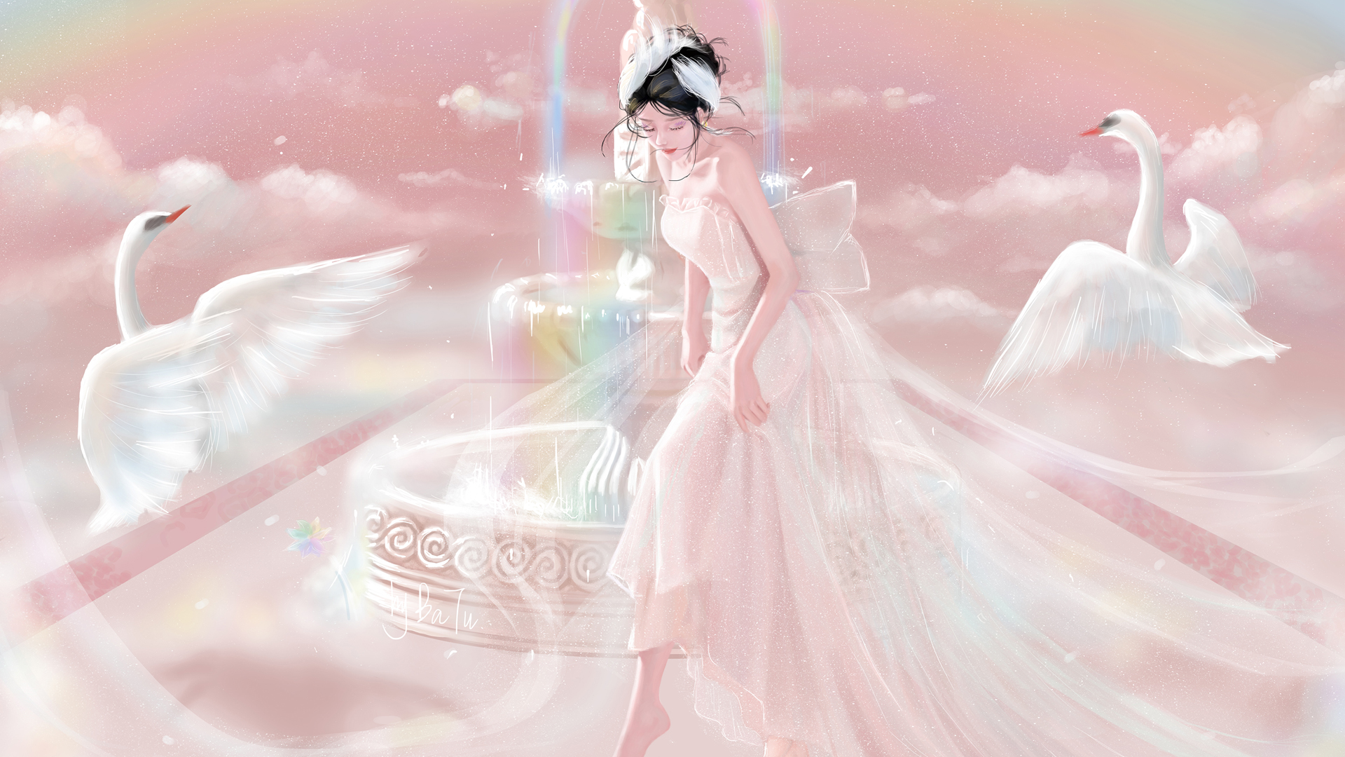 公主梦，高清梦幻动漫壁纸，天鹅女孩与彩色喷泉共舞，云雾缭绕，免费下载电脑壁纸