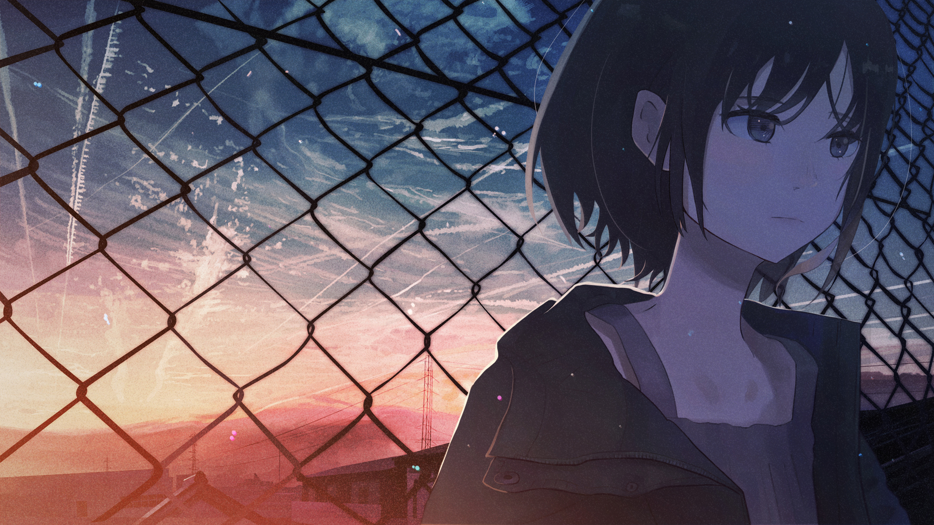 短发女孩倚栅栏，夕阳映照天空美——2K动漫壁纸，免费下载装点你的电脑桌面