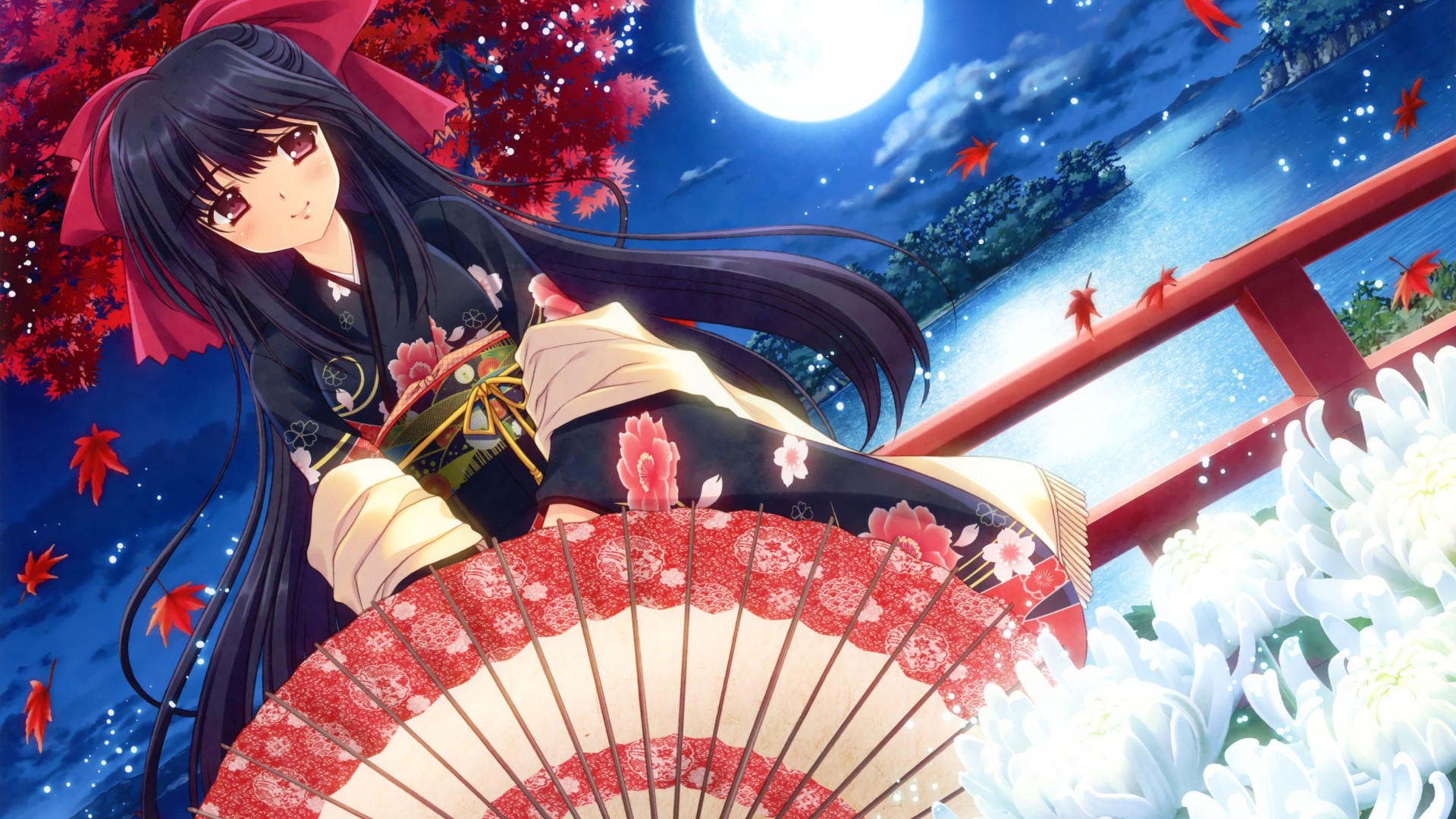 女孩与月，和服轻舞，伞映枫叶——唯美动漫壁纸，免费下载电脑背景